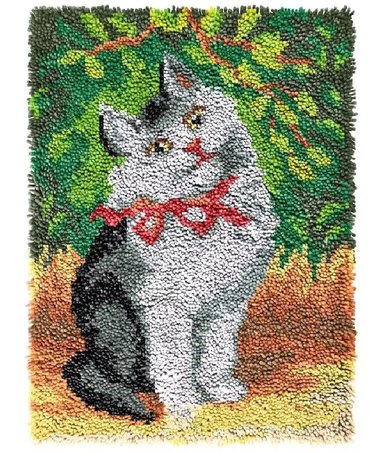 ROCKY&CHAO Latch Hook Kit for Adults & Kids Complete DIY Rug Making Craft Kits with Yarn & Canvas and Crochet Needle, Adult Craft Kits for Women, Relaxing Home Art Project - Grey Cat 50x38cm