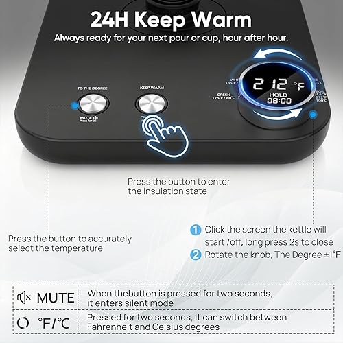 Miniatura 6 de COZII Hervidor eléctrico de cuello de cisne con control de temperatura de ±1°F, calentamiento rápido de 1200W para café de goteo y té, hervidor de