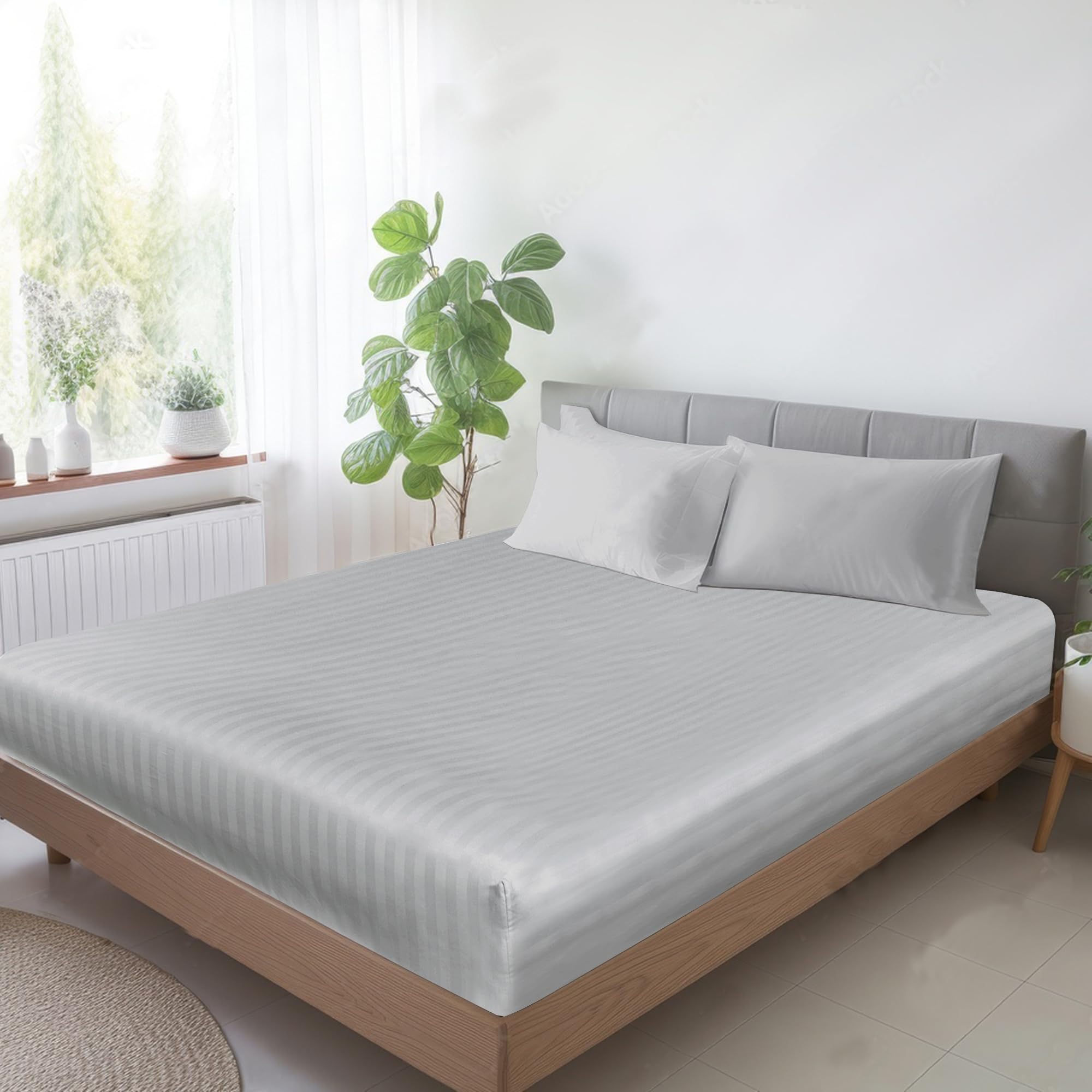 MOONLIGHT20015 Fitted Sheet Single 40cm Soft Brushed Microfiber with Satin Stripes Fade Resistant Easy Care Breathable Bed Sheets (Silver - Image 2