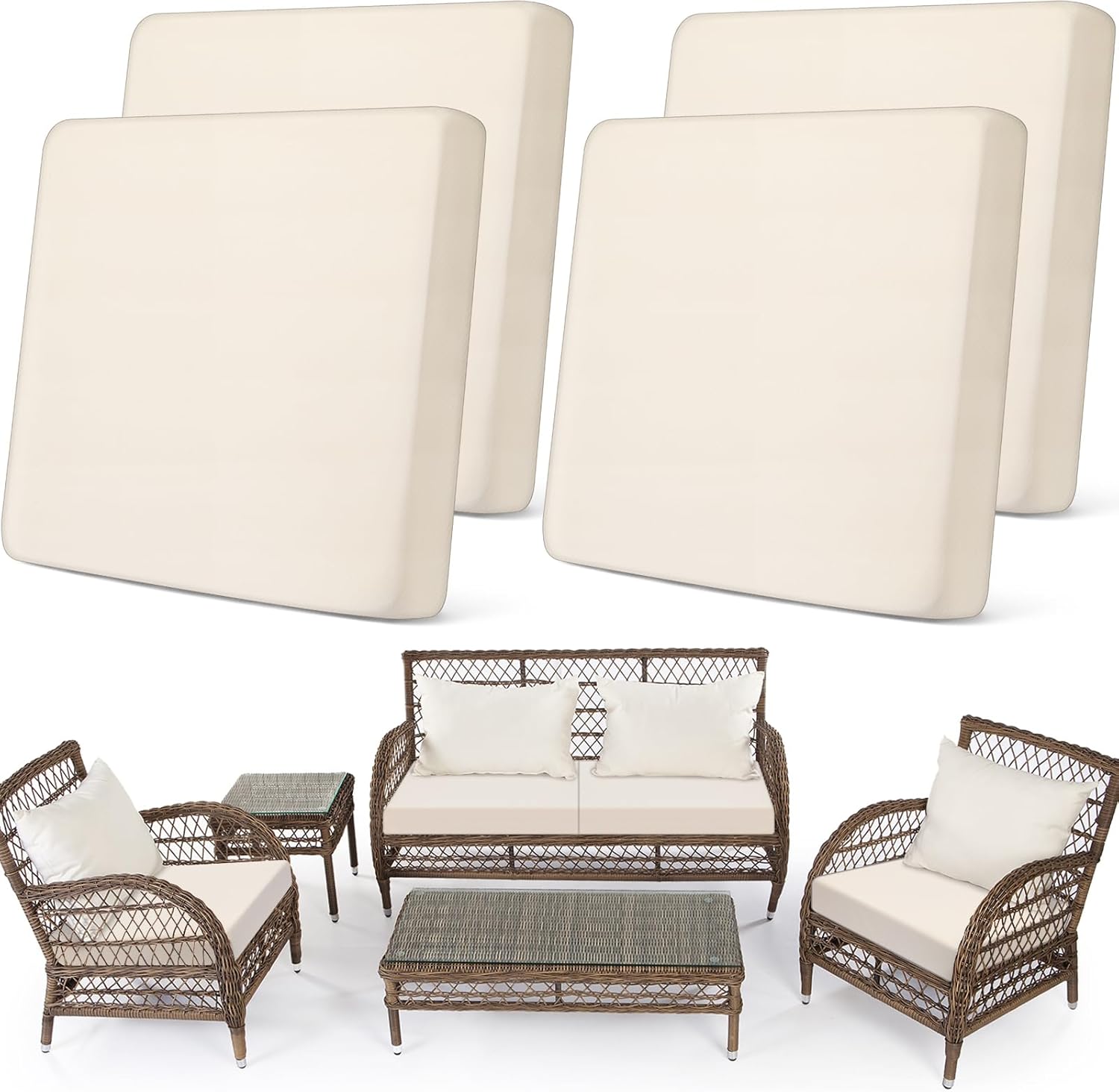 Newwiee Set of 4 Stretch Outdoor Patio Cushion Covers Sofa Couch Seat Chair Slipcovers Waterproof Cushion Cover Replacement Furniture Protector for Pets Washable(Seat Cover,Beige) Beige Seat Cover