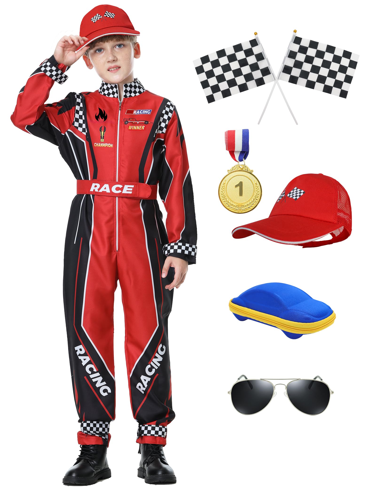 Treyrea Race Car Driver Costume Boys Racer Jumpsuit With Car Cap Kids Dress Up for Halloween (Red Set, S(for height 46