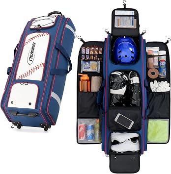 Fanwoli 100L Rolling Baseball Catchers Gear Bag, 5-Hook Dugout Organizer