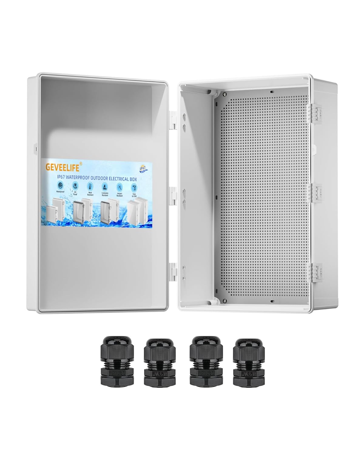 Outdoor Electrical Box Waterproof, ABS Plastic Junction Box IP67 Hinged Cover Project Box with Mounting Plate Wall Brackets and 4 Cable Glands, Grey Electrical Enclosure 23.6"x15.7"x8.6" 23.6"x15.7"x8.6" Grey-Plastic Latches