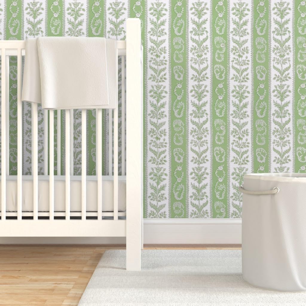 Peel & Stick Wallpaper 3ft x 2ft - Green Floral Stripe Victorian Fern Botanical Granny Chic Custom Removable Wallpaper by Spoonflower