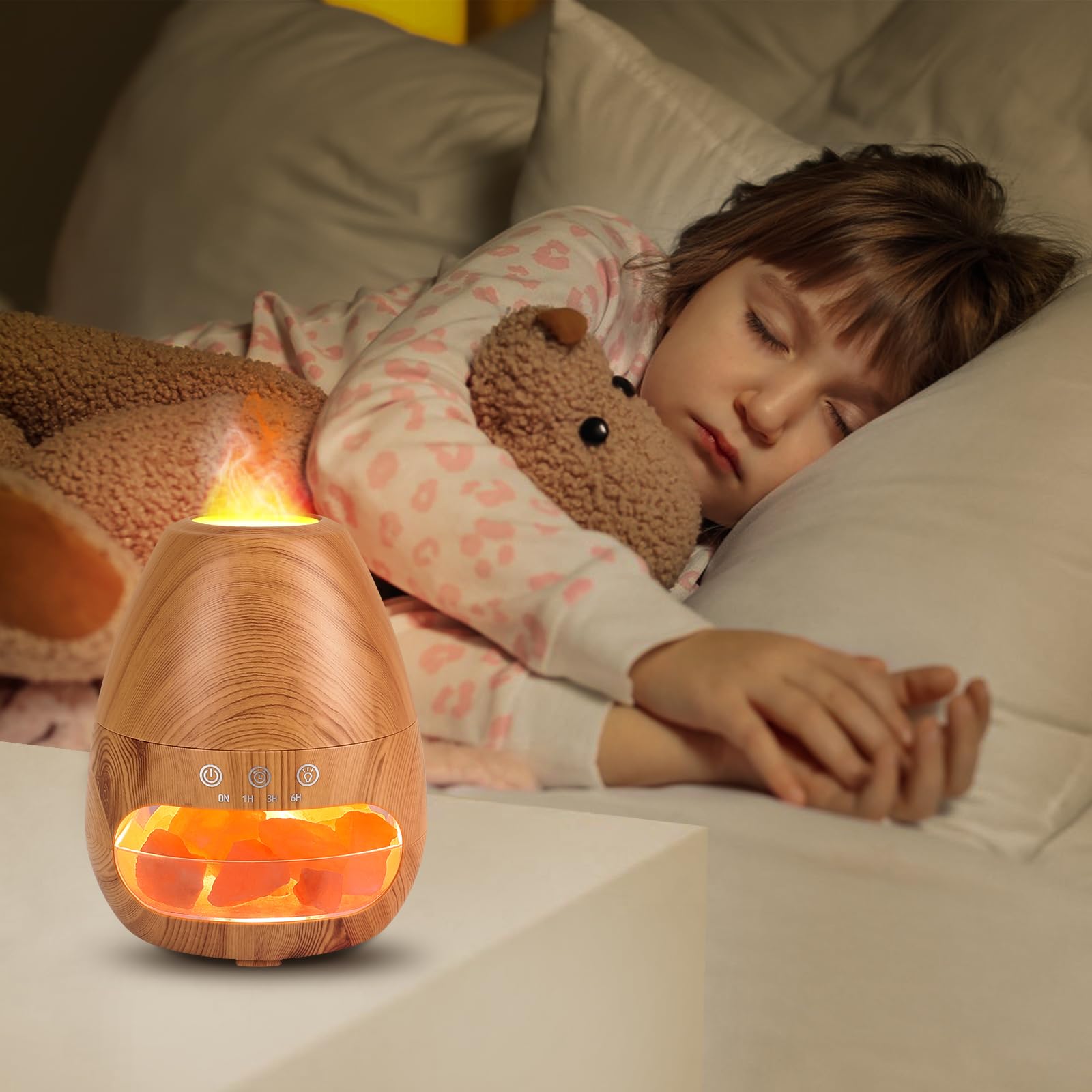 Diffusore di Oli Essenziali con Effetto Fiamma, GuKKK 200ml Diffusore di Oli Essenziali con Pietra di Sale, Aromaterapia Aromi Diffusore, Umidificatore Silenzioso con 3 Timer, per Ambiente, Casa, Spa