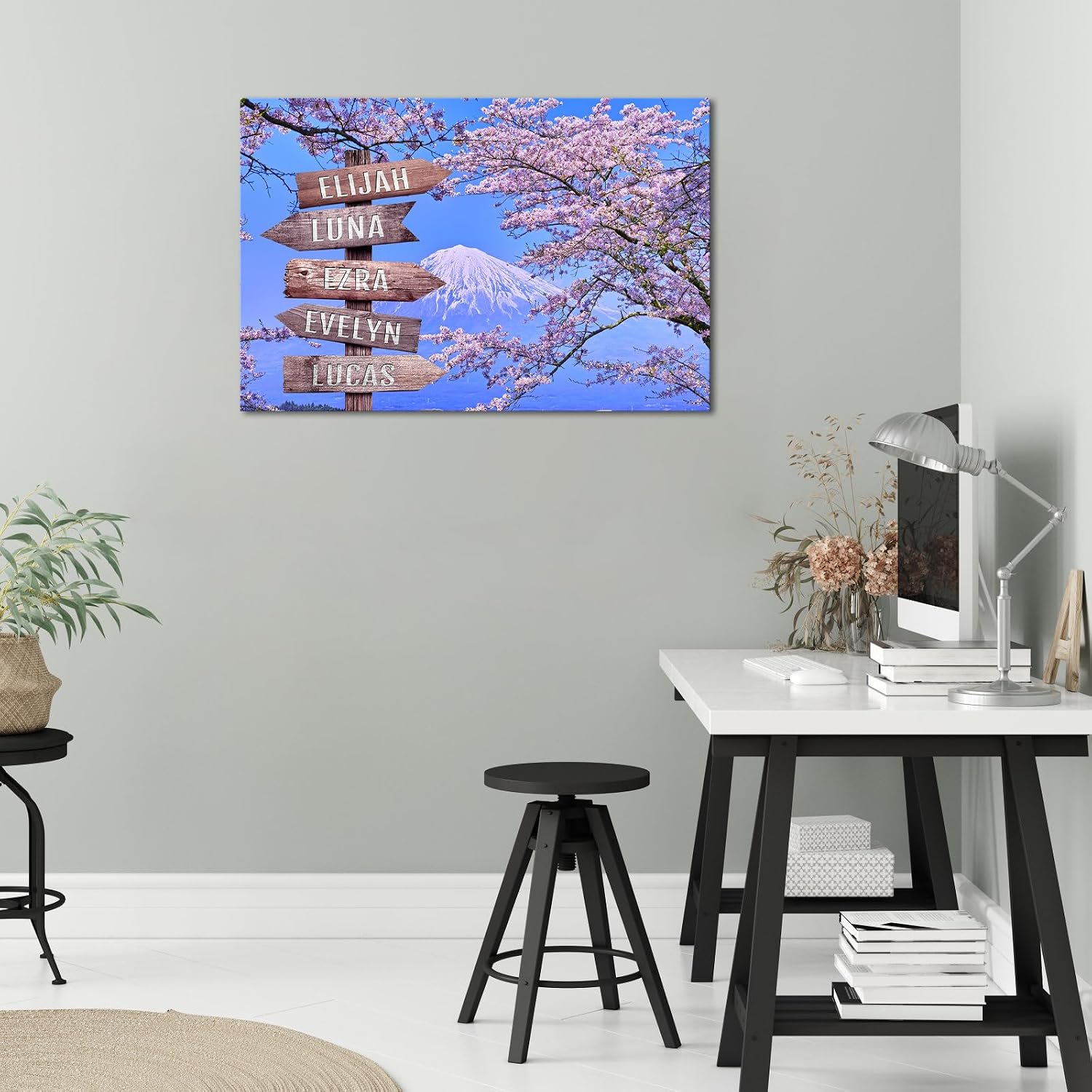 iLOOKLiKE Personalized Street Sign Family Name Wall Art Mount Fuji Cherry Blossom Pictures Painting Custom Multi Names Canvas Prints Japan Landscape in Spring Giclee Poster for Home Decor Gifts