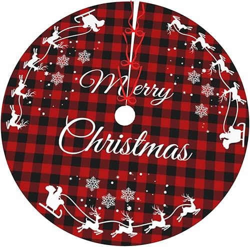 Miniatura 3 de Falda de árbol de Navidad a cuadros de búfalo de 36 pulgadas, falda de árbol de Navidad de Papá Noel con copo de nieve de reno, faldas de árbol rojo
