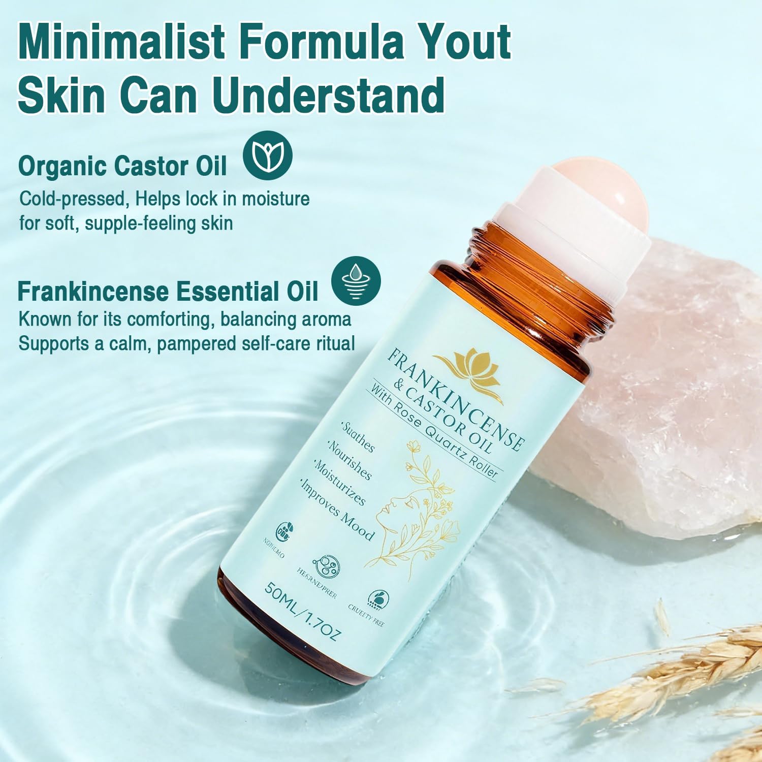 Frankincense and Castor Oil Rose Quartz Roller, Castor Oil Roll On, Organic Cold -Pressed, Firms Skin,Reducing Fine Lines, Suitable for Face, Neck, Abdomen, 50ML/1.7OZ - Image 4