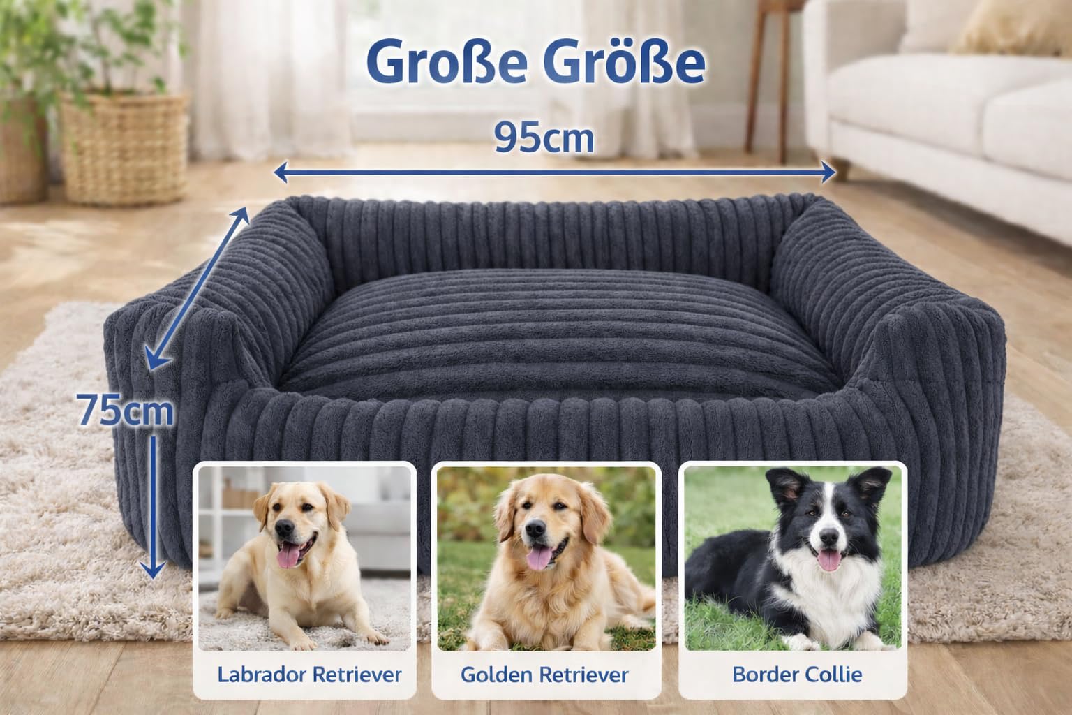 Odolplusz waschbares Hundebett 95x75cm Hundekissen aus Cord – Weiches Katzenbett rutschfest – Hundesofa in dunkelgrau für mittlere Hunde – Formstabile Hundematratze flauschig mit Rand