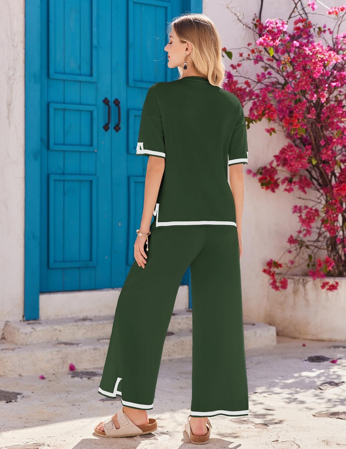 Ekouaer Lounge Set for Women Travel Outfits 2 Piece Sets Short Sleeve Sweater Top Wide Leg Long Pants Loungewear - Image 5