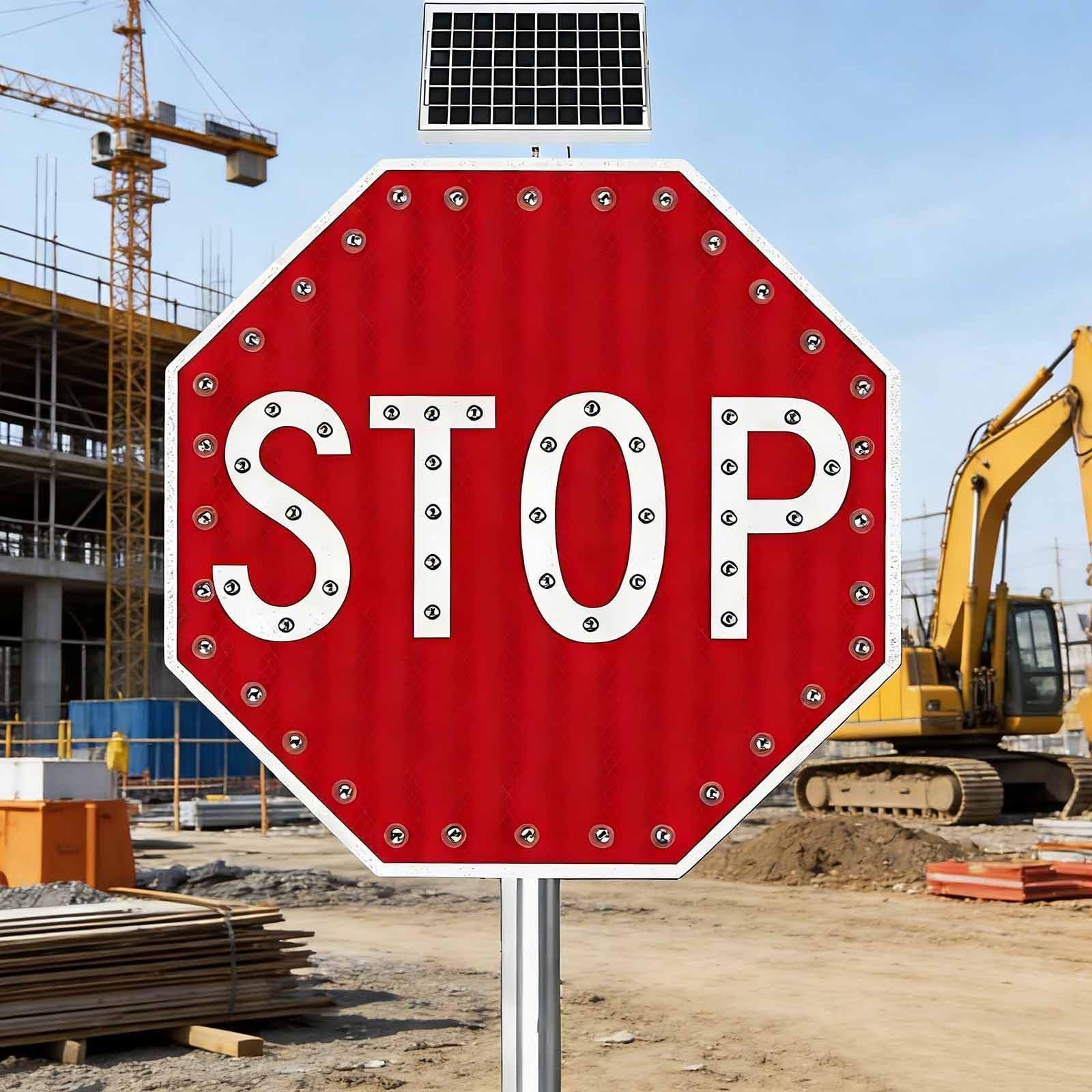 Solar Powered LED Blinking Stop Sign, Heavy Duty Octagon Rust-Proof Metal Frame for Construction Site, Highway Curbs