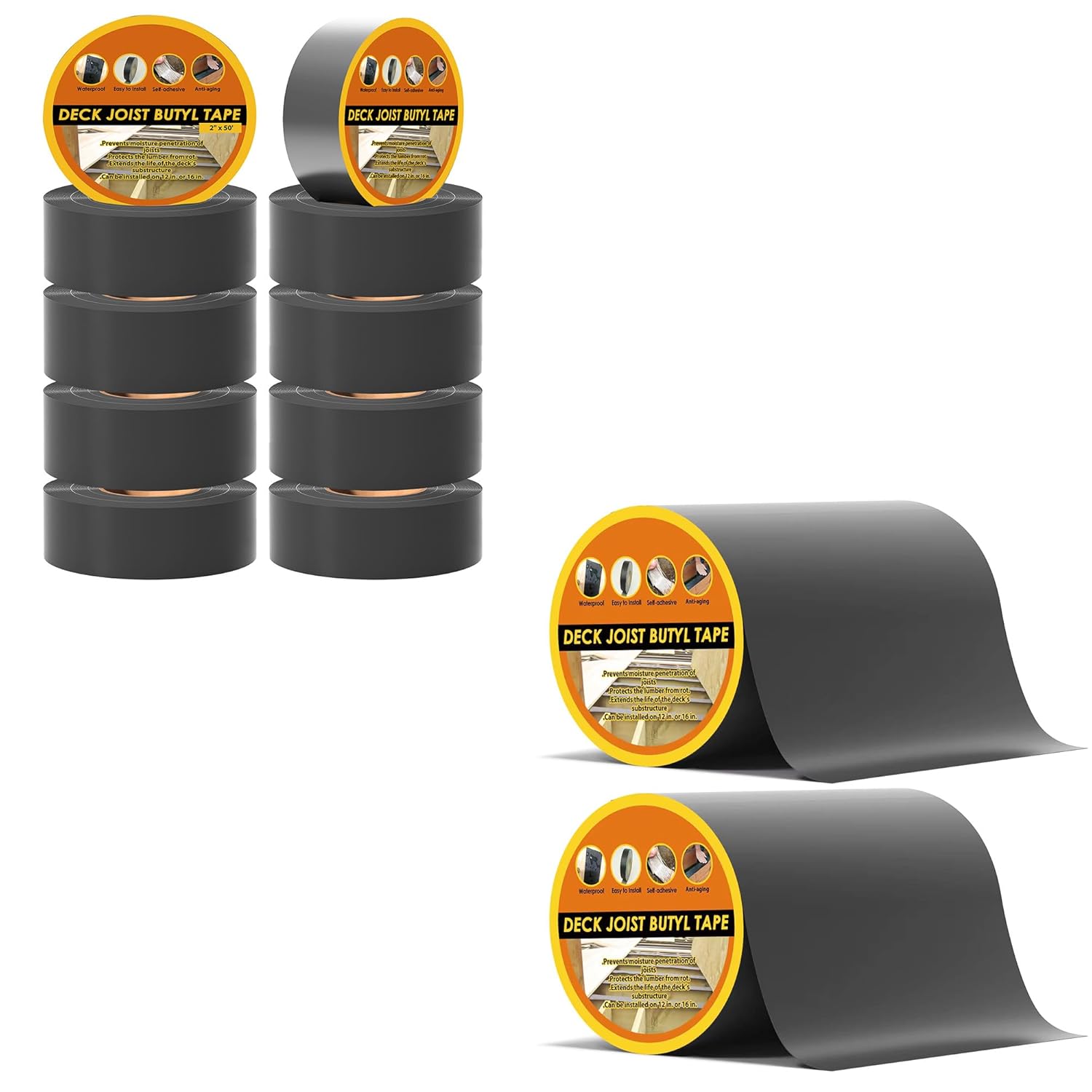 J10 Pack Deck Tape 2" X 50' & 2 Pack 6" X 50' Butyl Joist Tape for decking for Beams