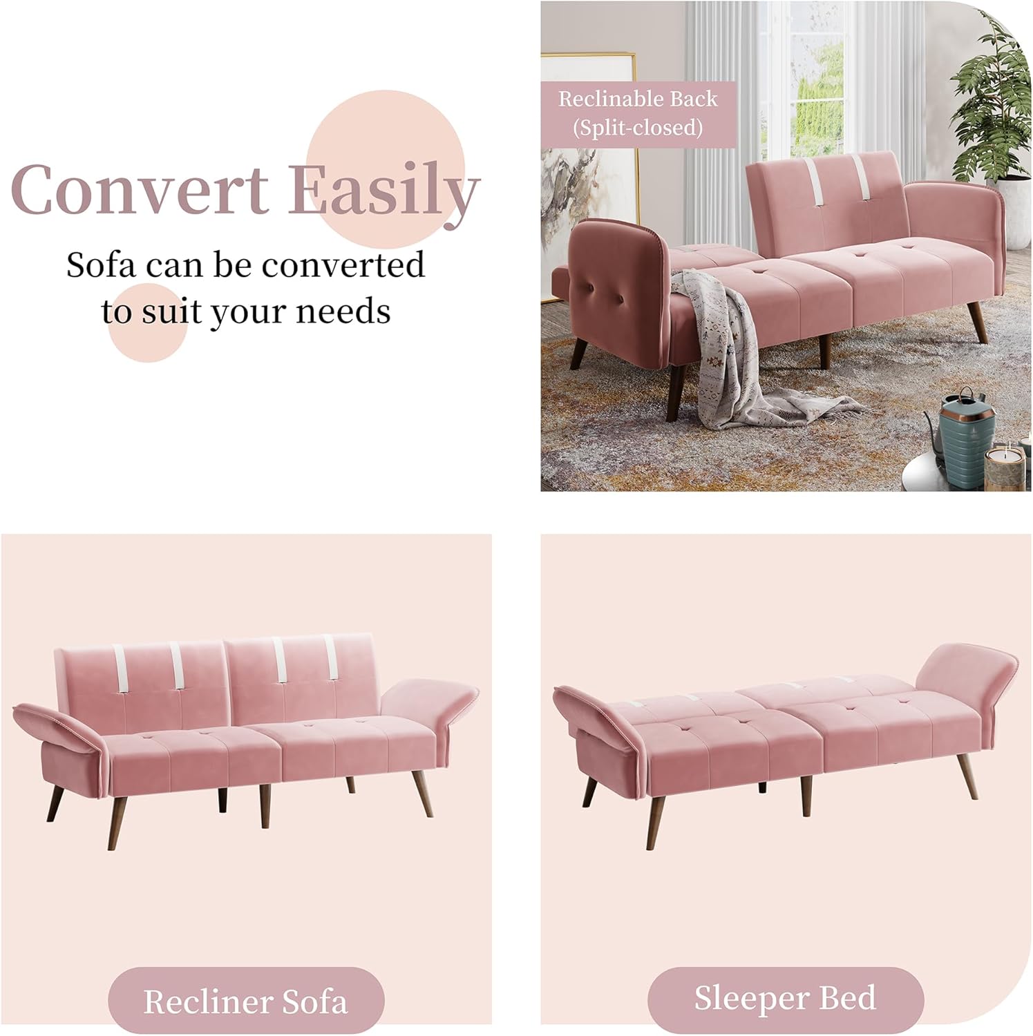 JAMFLY 69'' Velvet Futon Sofa Bed, Convertible Futon Couch Sleeper Sofa with Adjustable Armrests and Backrest, Modern Loveseat Sofa for Living Room, Bedroom…