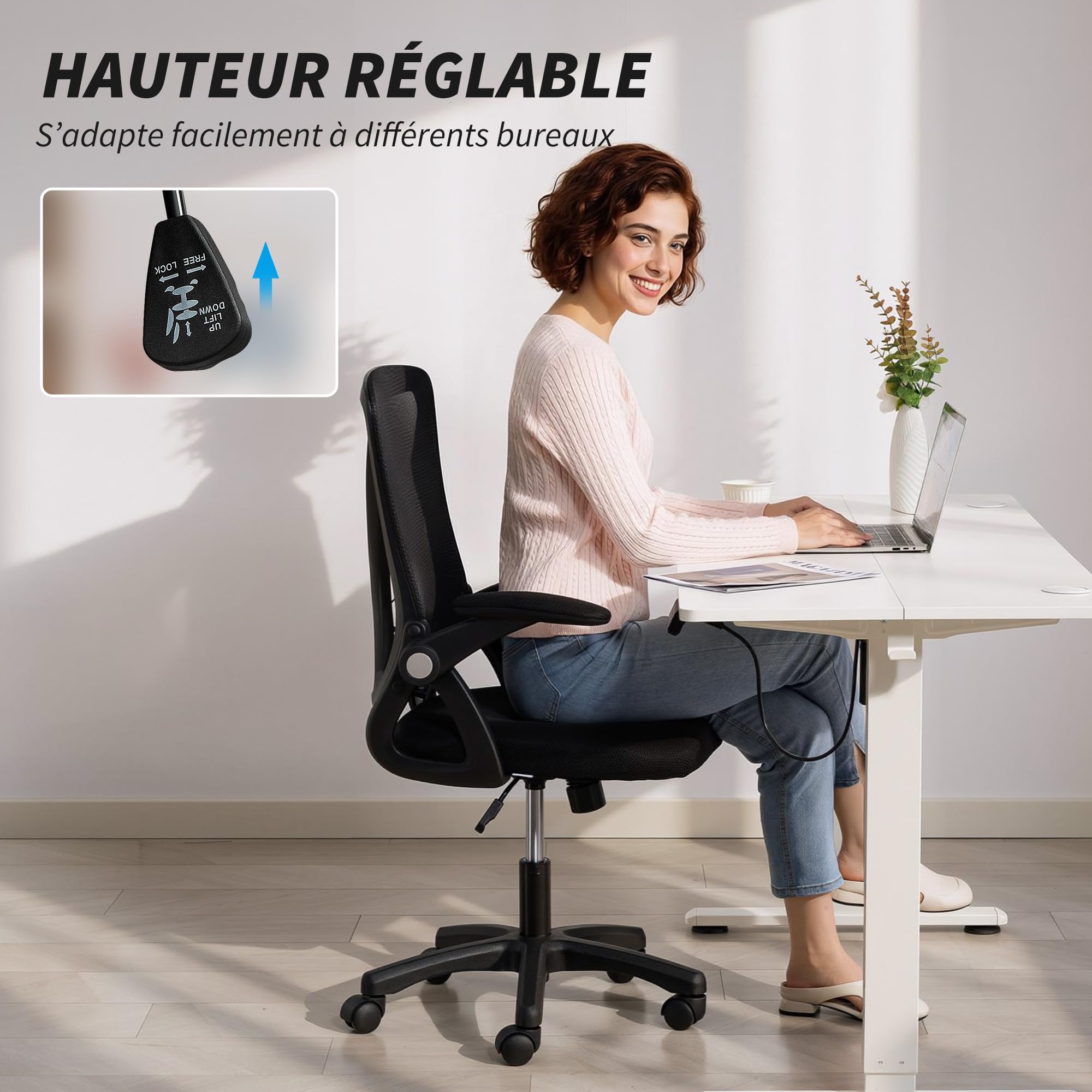 HOMCOM Chaise Bureau Ergonomique Pivotant à 360° 59,5x56x93-103 cm Noir