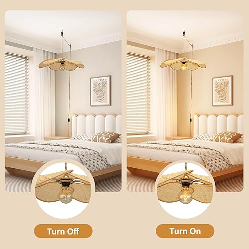 Miniatura 6 de Lámpara colgante de bambú para enchufar, pantalla de ratán tejida a mano con flores de 24 pulgadas, lámpara bohemia regulable sin escalones, lámpara