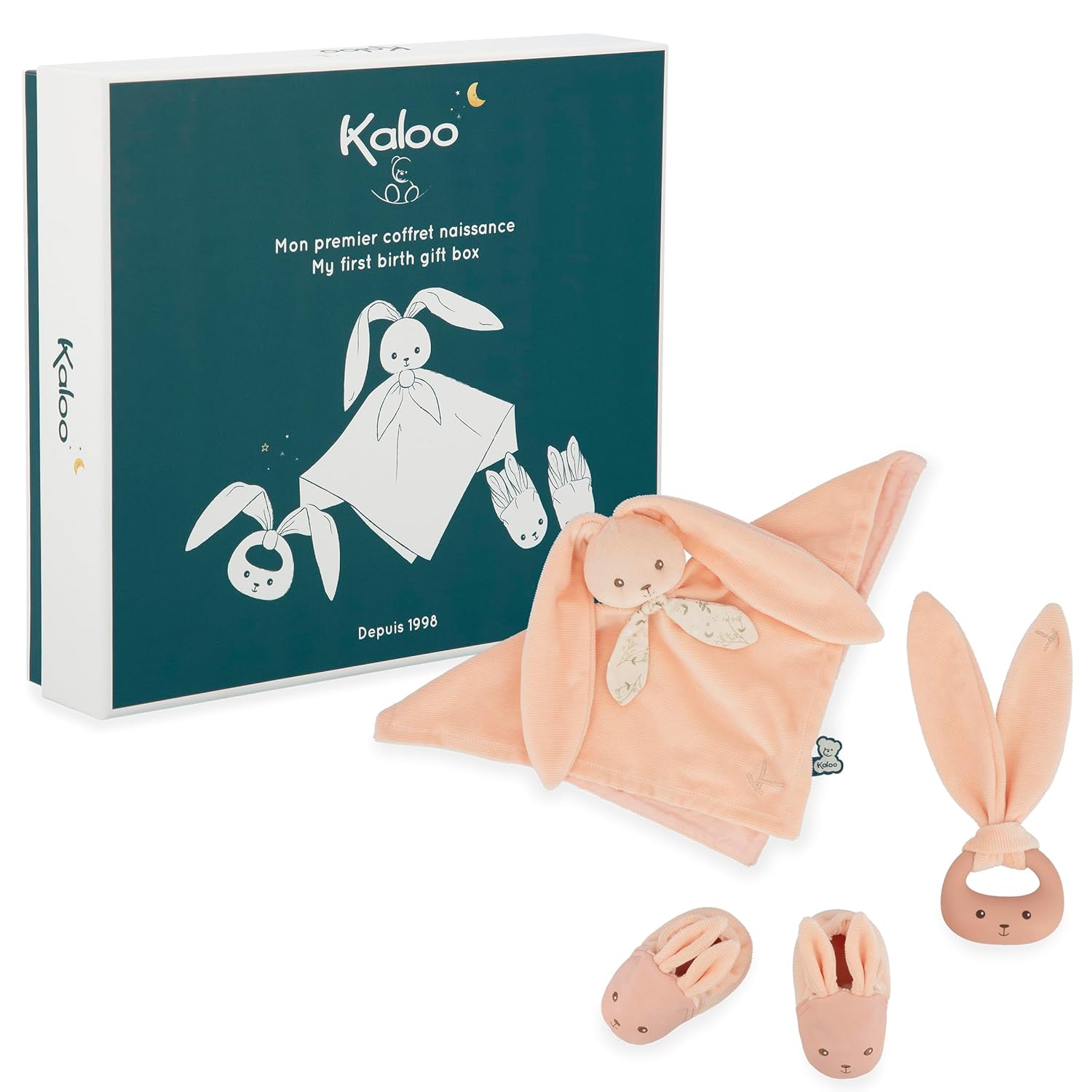 KALOO Lapinoo K218020 Birth Set, Peach Colour, 3 Baby Items, Cuddly Cloth + Teether + Baby Shoes 11 cm