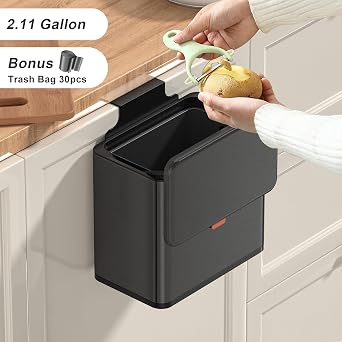 Mbillion Kitchen Compost Bin Hanging Trash Can with Lid 4L/1.05 Gallon Stainless Steel Garbage Can for Kitchen Cabinet Door Mounted Trash Can Under Sink Door RV Bathroom (Black, 4L)