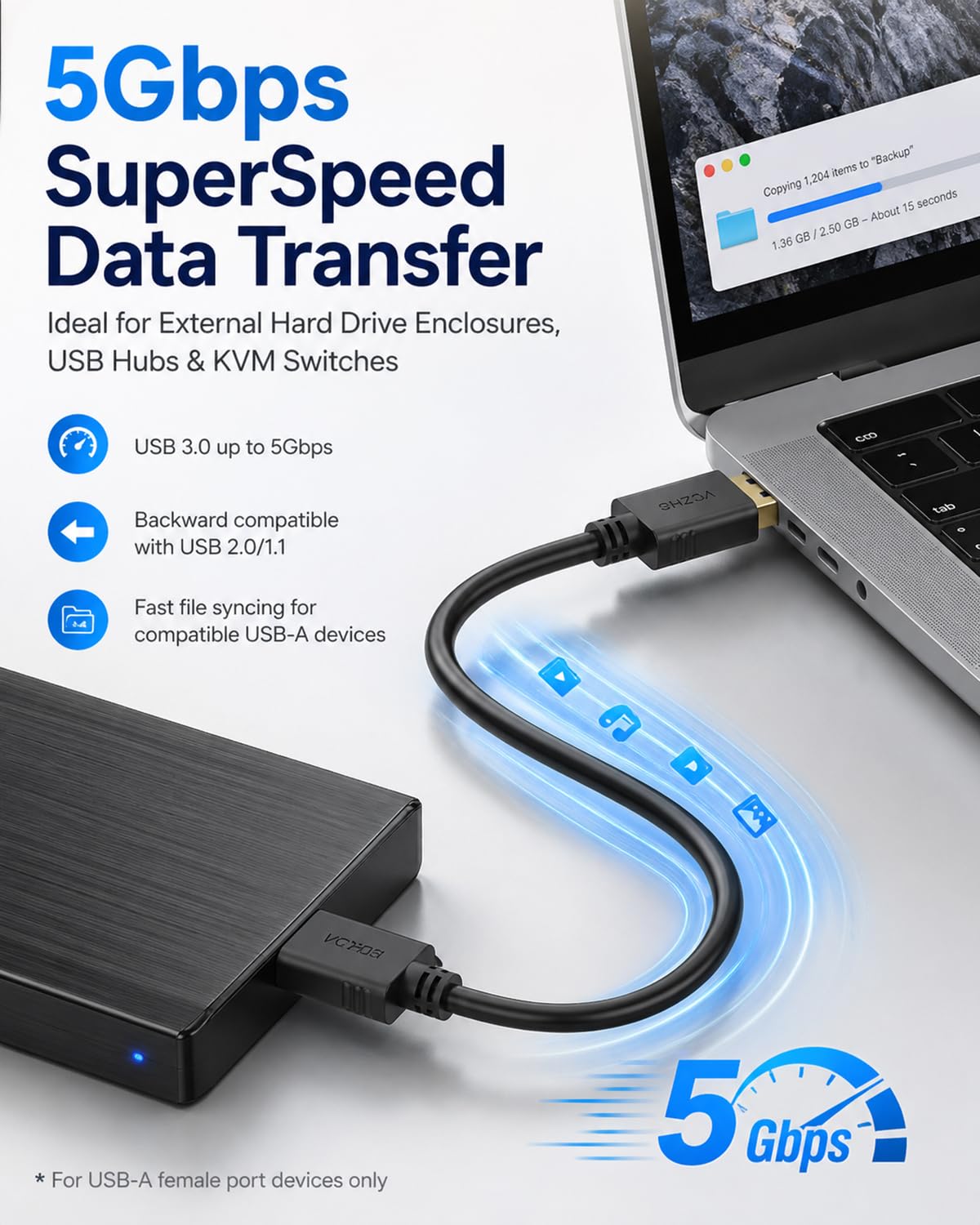 VCZHS Tech USB to USB Cable 3.3FT, USB3.0 Type A to Type A Male to Male Cord 5Gbps Data Transfer for Laptop Cooling Pad, Hard Drive Enclosure, Hub, KVM Switch, Not for PC to PC or Video