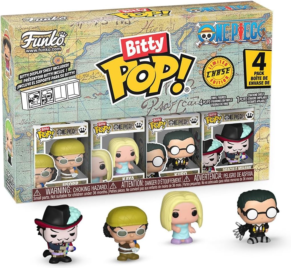 Funko Bitty Pop! One Piece - Usopp, Kaya, Kuro, and A Surprise Mystery Mini Figure - 0.9 Inch (2.2 Cm) Collectable - Stackable Display Shelf Included - Gift Idea - Party Bags Stocking - Cake Topper