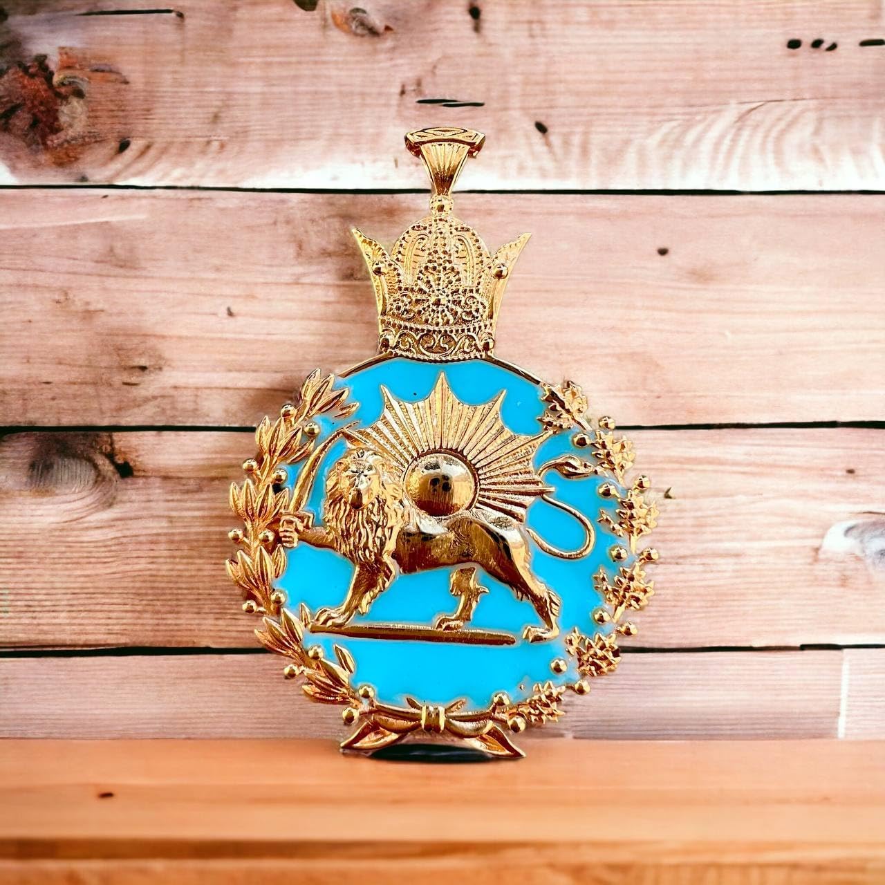 22K Gold plaited Blue Inlay Imperial Lion & Sun Coat of Arm Persia Persian Farvahar Pahlavi Shah 925K Silver Pendant Necklace,Mythology Mens Gift Iran