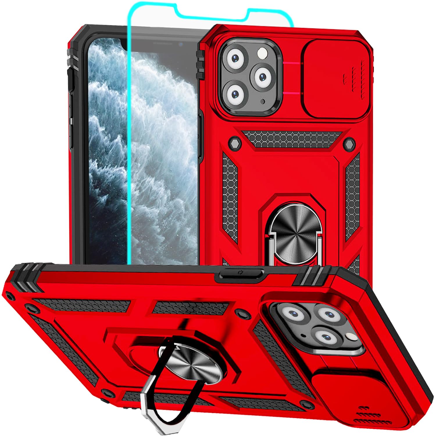 Aozuoton for iPhone 11 Pro Case with Screen Protector：Dual Layer Military Grade Drop Protection Magnetic Ring Kickstand - Camera Lens Protective Phone