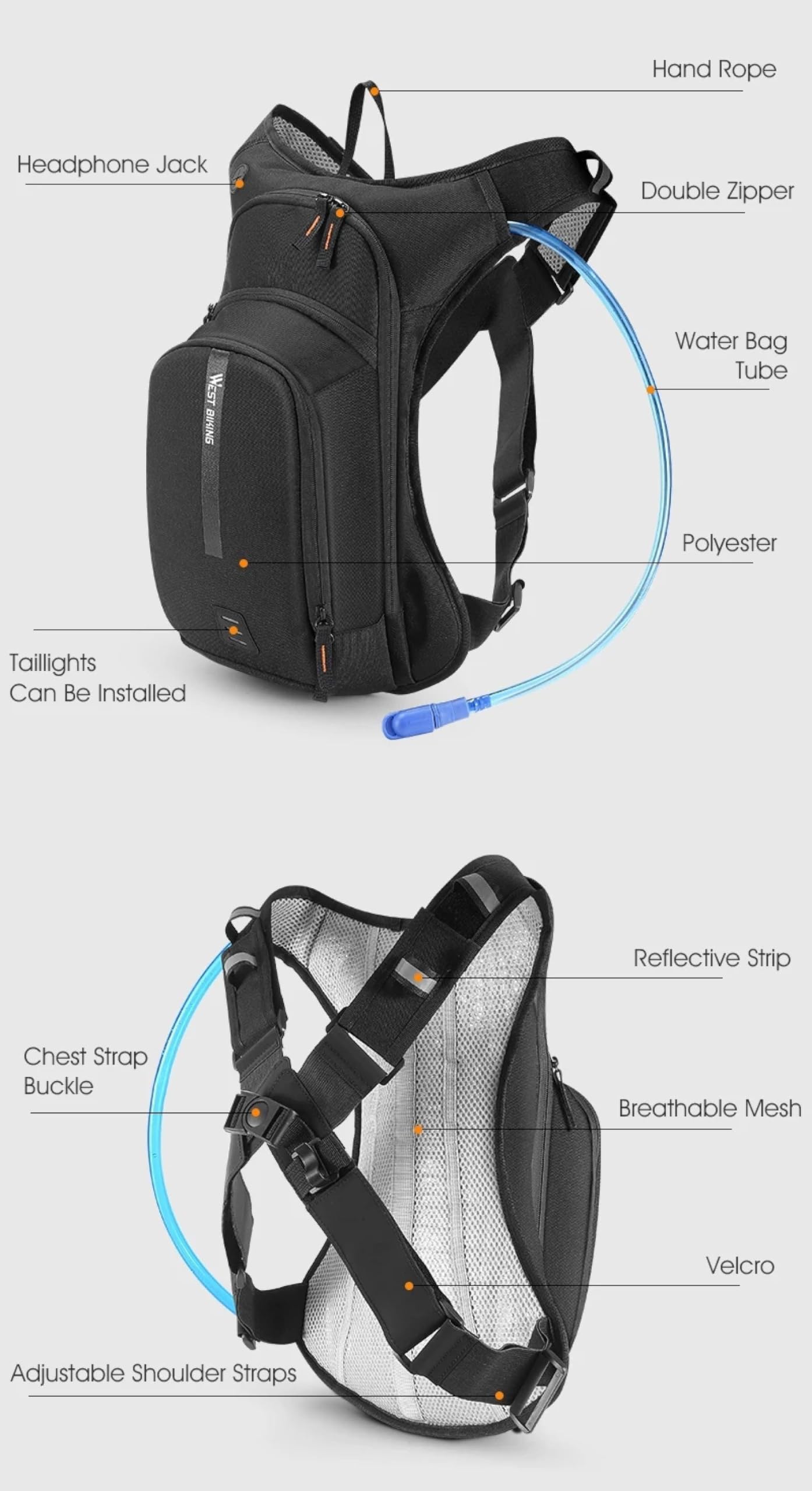 Sac à dos de vélo ultraléger 10 L Sac à dos d'hydratation de sport ergonomique Sac à eau de cyclisme Sac d'escalade en plein air