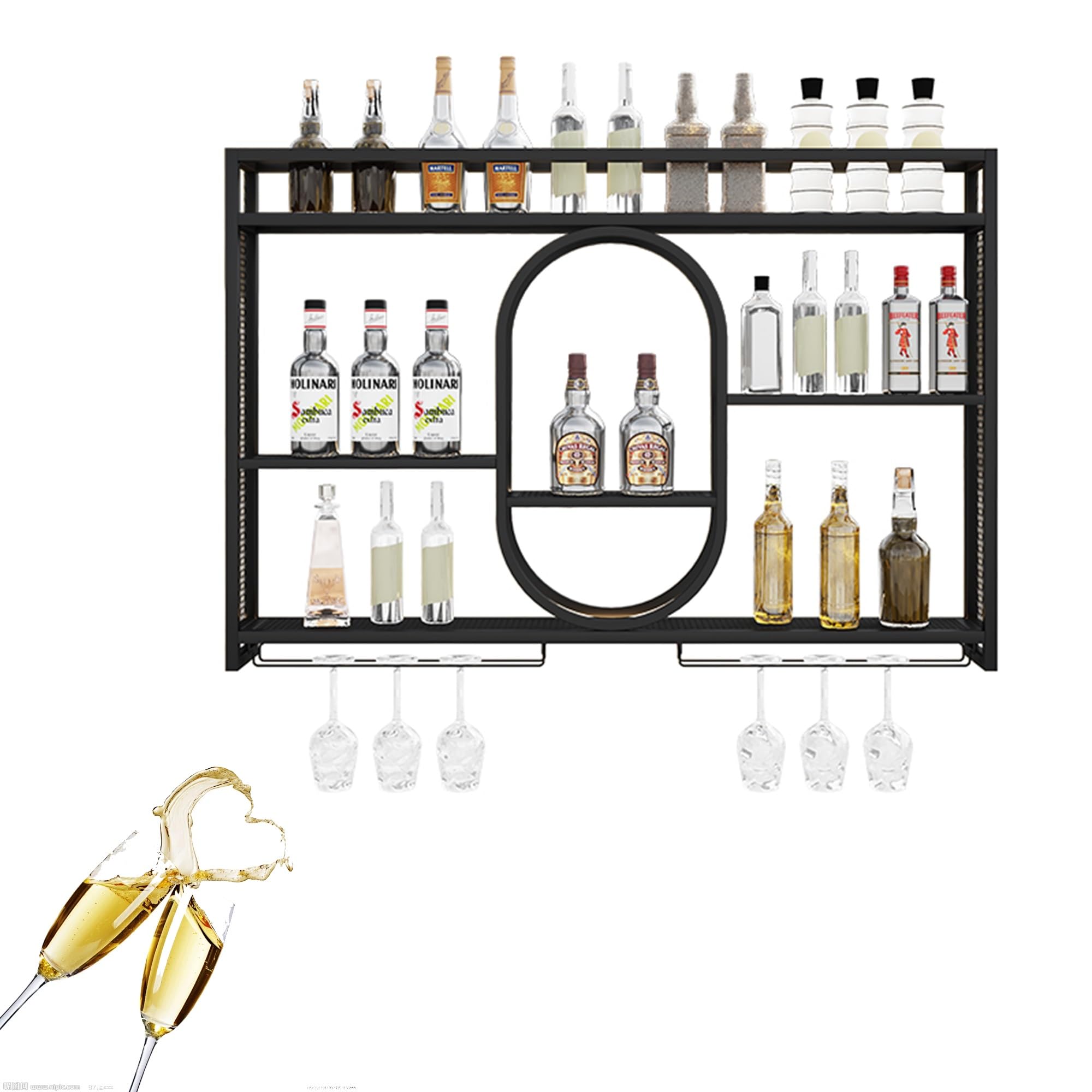 Étagère de bar murale à vin avec support verres suspendu et éclairage LED pour salon