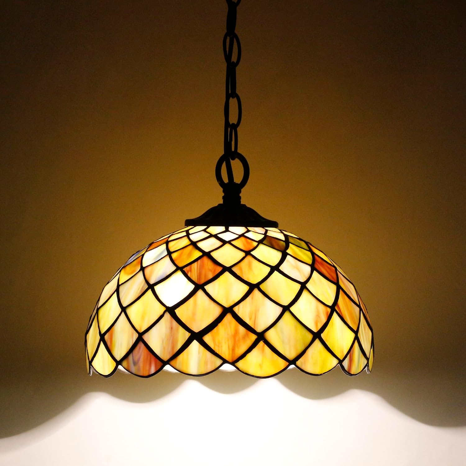 Tiffany Pendant Light Plug in Stained Glass Hanging Lamp Wide 10 Inch, Chain 33 Inch, Cord 15 Feet (Brown Fish Scales)