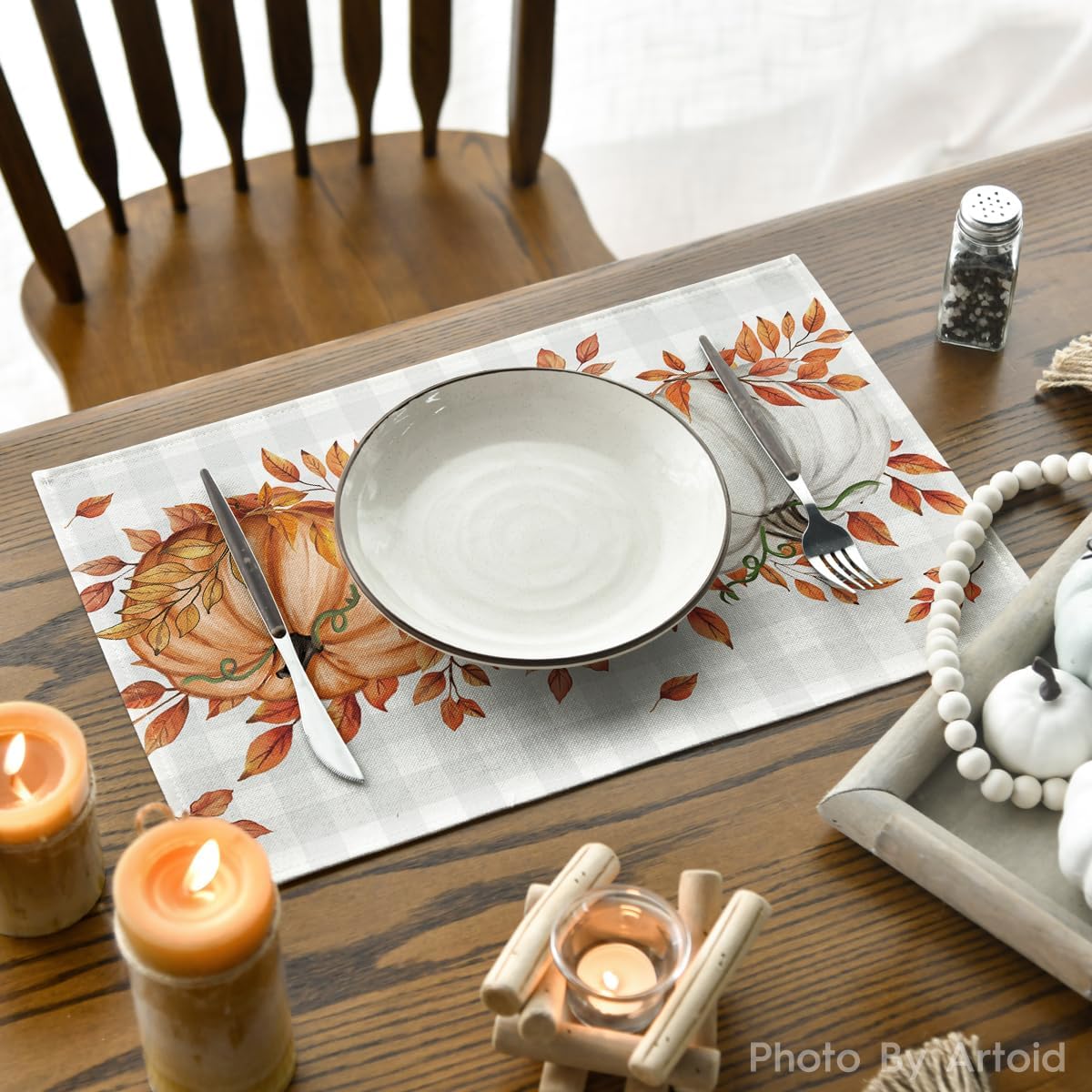 Artoid Mode Beige Pumpkins Leaves Fall Placemats Set of 4-12 x 18 Inch image 4