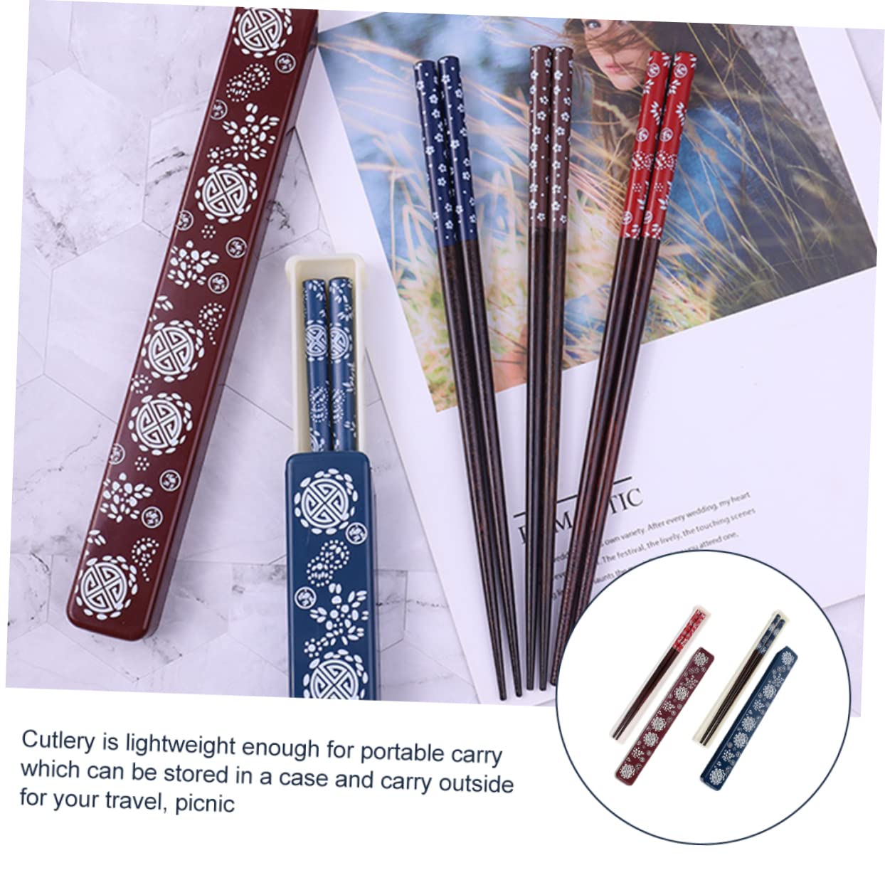 Baguettes Japonaises avec Étui de Rangement, Lot de 2 Sets, Bois Abs