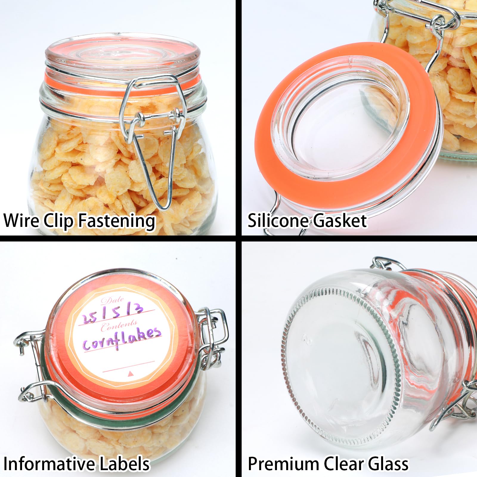 Confezione da 6 barattoli in vetro con coperchio ermetico, contenitori per alimenti in vetro con coperchi, barattoli di vetro, chiusura a clip per cereali, farina, biscotti, spezie, miele