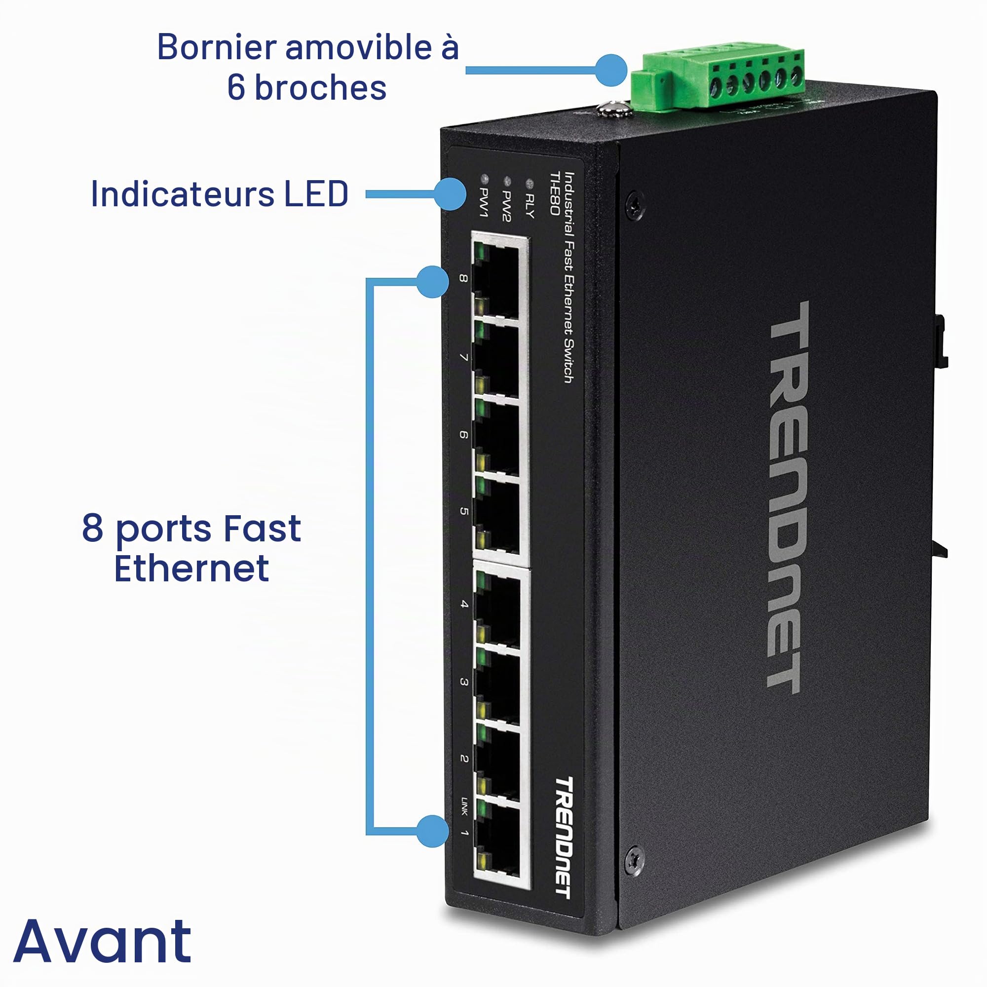 TRENDnet, TI-E80, Commutateur Industriel Fast Ethernet 8 Ports sur Rail DIN, 8 Ports Fast Ethernet, Indice de Protection IP50, capacité de Commutation de 1,6 Gbit/s
