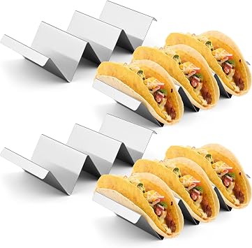 zoyizi Taco Holders 4 Pack, Stainless Steel Taco Stand Rack Tray, Taco Shell Rack, Rack Holds Up to 3 Tacos Each Keeping Shells Upright, Oven Safe for Baking, Dishwasher and Grill Safe