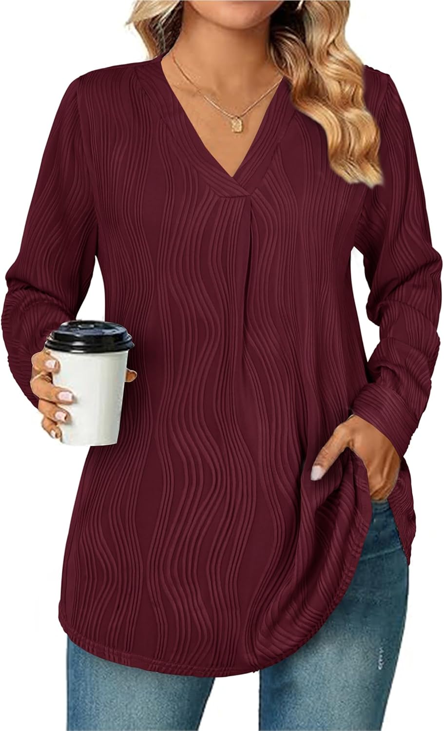 Womens 3 4 Sleeve Blouse Long Sleeve Business Casual Tunic Tops V Neck Work Tops Textured Dressy Casual Shirts Medium Burgundy Red