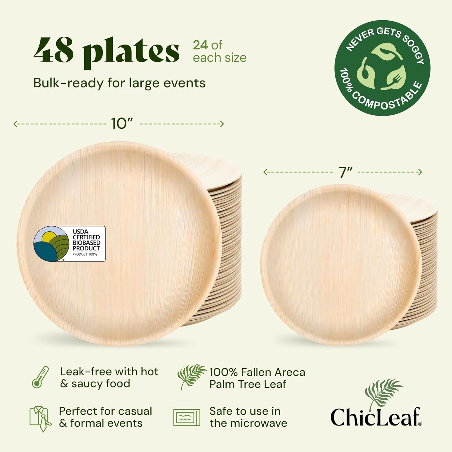 Chic Leaf Round Palm Leaf Plates - 10-Inch & 7-Inch, Pack of 48 - Compostable Disposable Bamboo Plates for Parties, Winter Cozy Dinner, Wedding & Events and Home Dining - Image 2