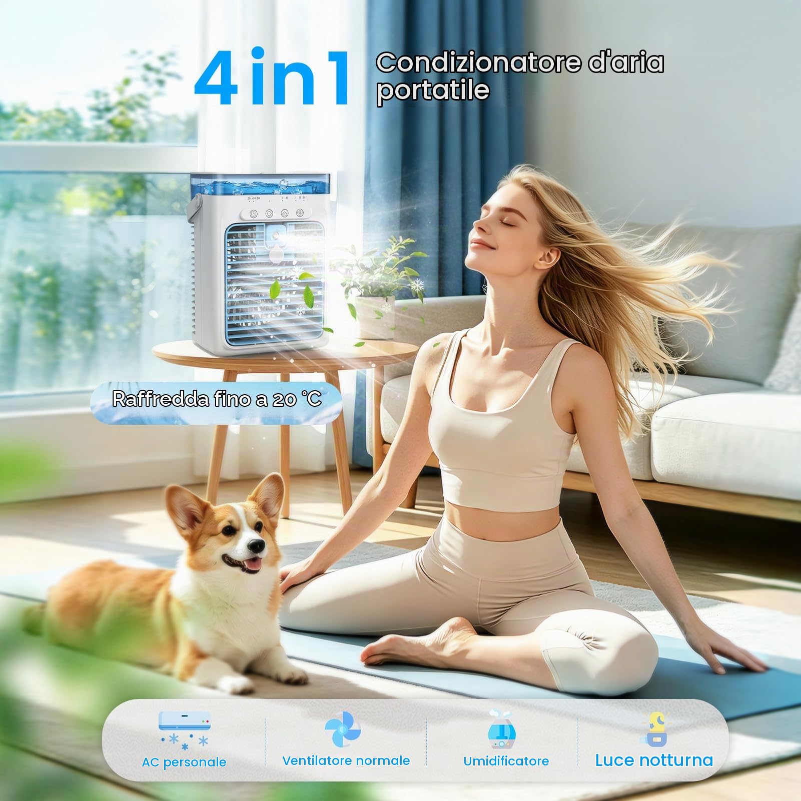 Condizionatori d'aria portatili, mini condizionatore d'aria CA 4 in 1 con serbatoio d'acqua da 1000 ml, timer 2/4/8 ore, luce ambientale, alimentato tramite USB, ventola di raffreddamento per camera