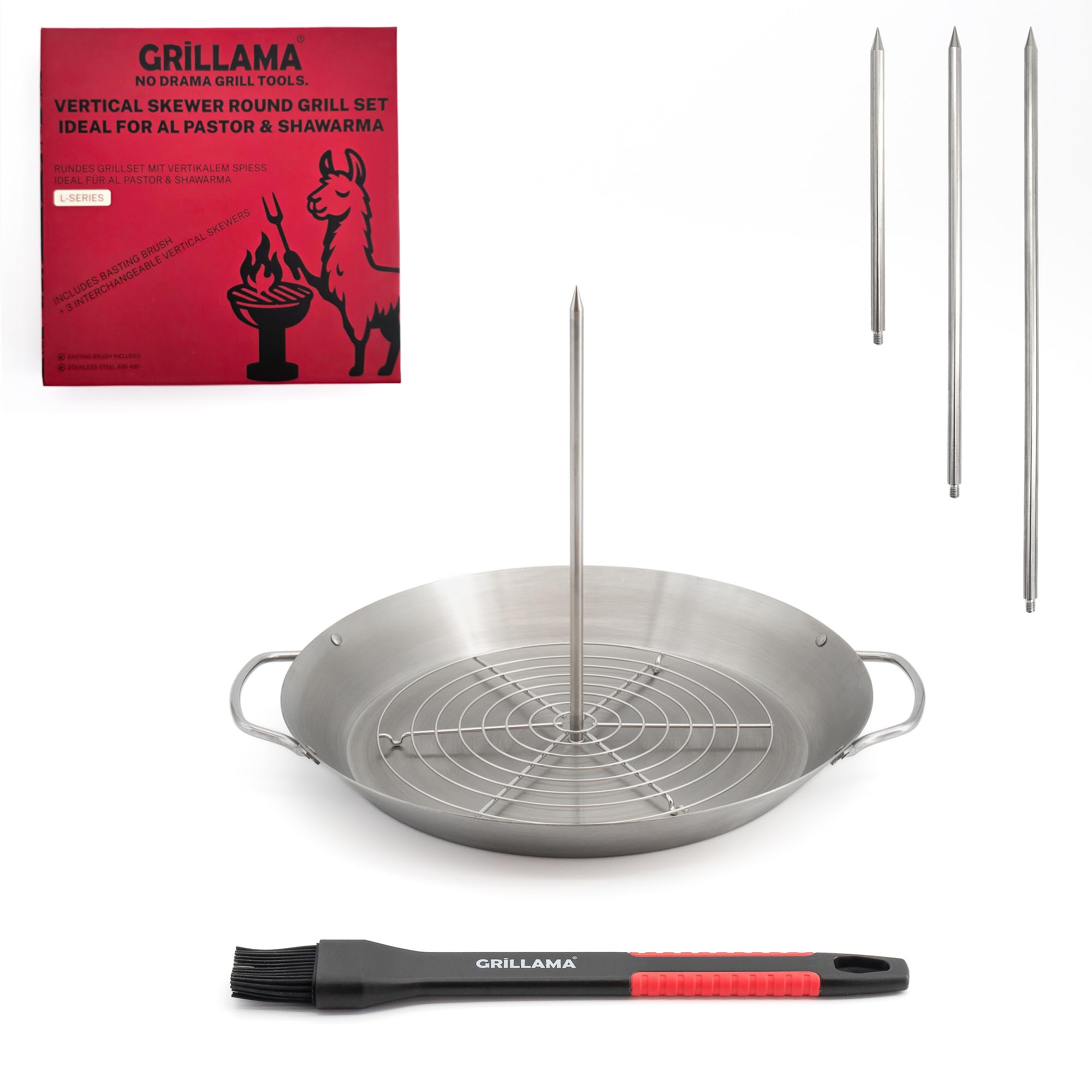 Al Pastor Vertikalspieß Grillset – runde Pfanne, 3 Spieße