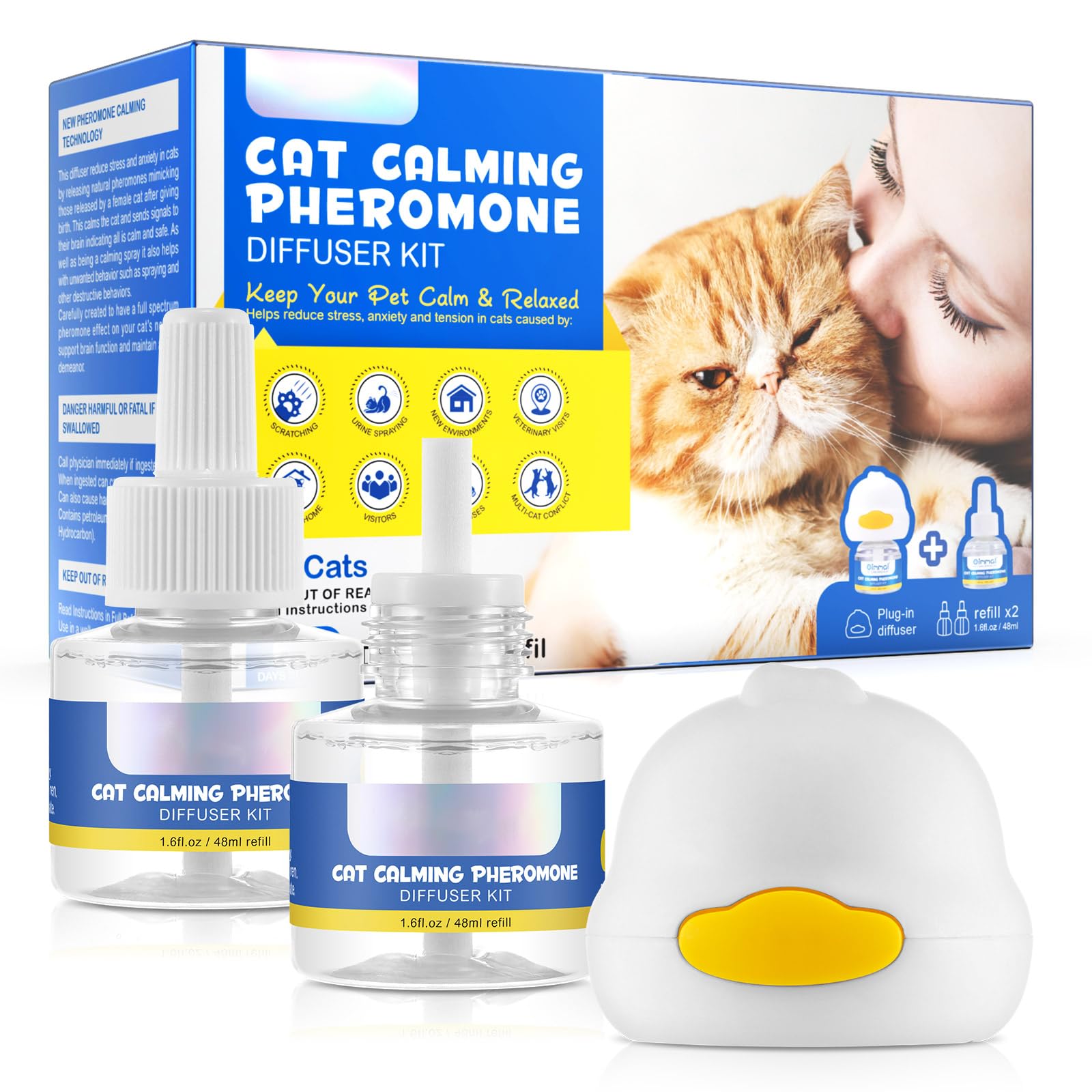 Cat Calming Diffuser Kit 60 Days, Cat Pheromones Calming Diffuser Effectively Relieve Anxiety Stress Fighting Scratching, Pheromone Diffuser for Cats -(1 Diffuser + 2 Refill)