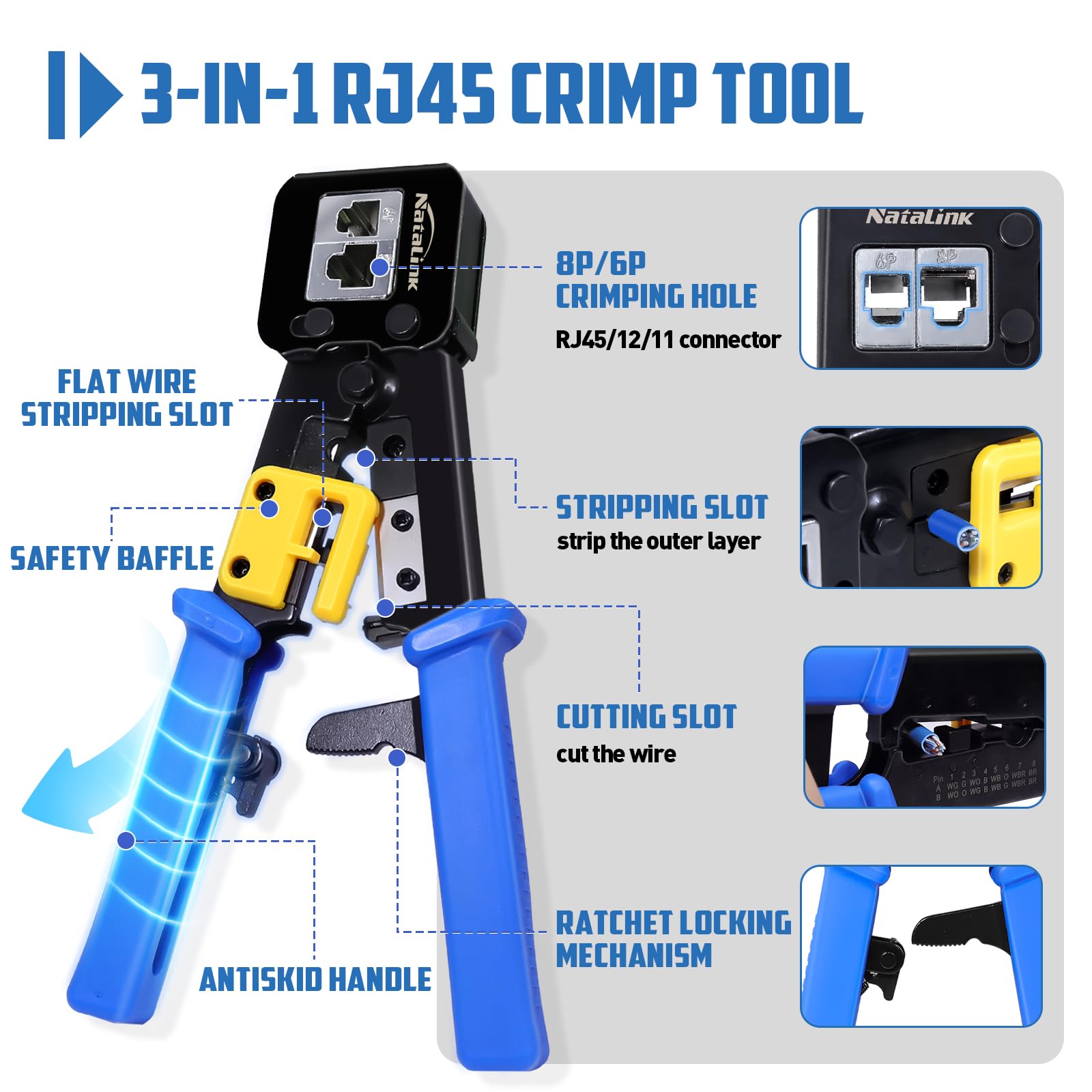 Crimpatrice RJ45 con tester per cavi di rete, mini spellacavi, 50 connettori Cat6 Cat6 Cat 5 e Cat 5 e cavi di sicurezza