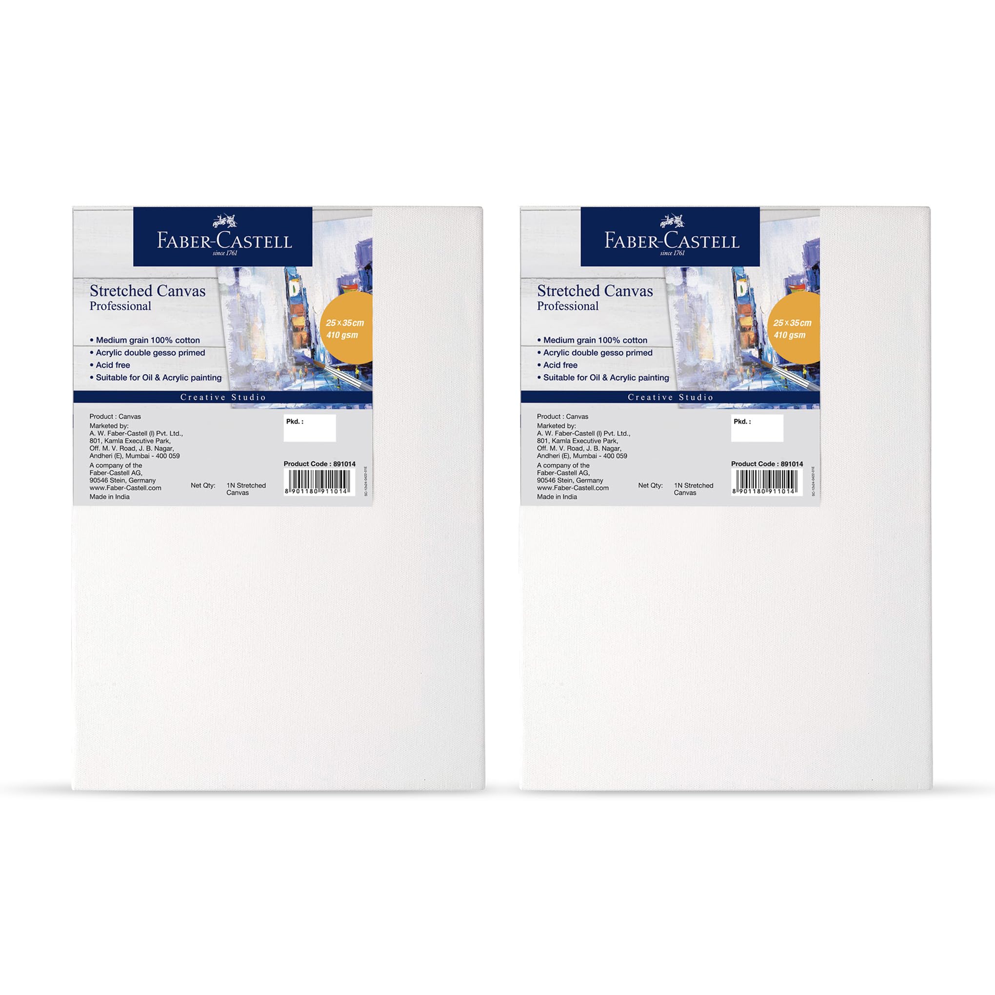 Faber-Castell Stretched Canvas 410gsm 10X14(25.54X35.56-cms) 2pcs,For Oil,Acrylic And Fabric Colours Artist Drawing Paints