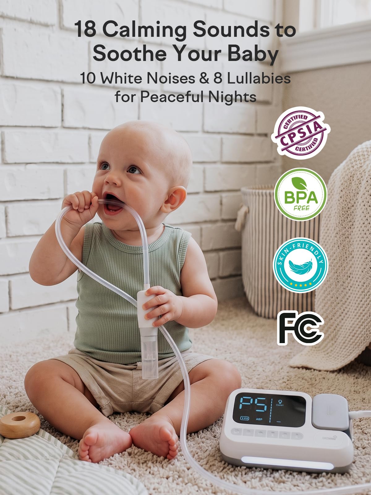 GROWNSY Aspirador nasal eléctrico para bebé, succión de nariz de bebé con succión de grado hospitalario, modo de impulso de un solo toque, cámara de colección grande de 70 ml, sistema calmante