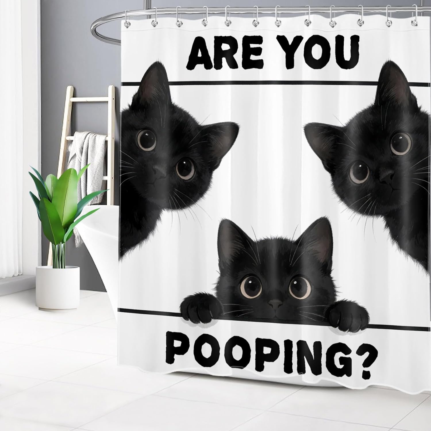 LB Funny Cat are You Pooping Shower Curtain for Bathroom,Fun Funny Animal Cute Black Cat Extra Long Shower Curtain with Hooks,Farmhouse Black and White Bathroom Curtain Shower Set, 72" W x 78" L