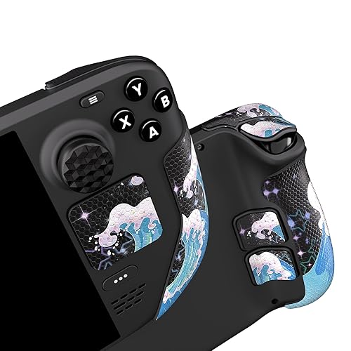PlayVital Professional Textured Soft Rubber Pads Handle Grips for Steam Deck LCD & OLED, Trackpads Skin Grip Enhancement Back Button Protective Stickers Set with Thumb Grip Caps - Shimmering Waves - Shimmering Waves