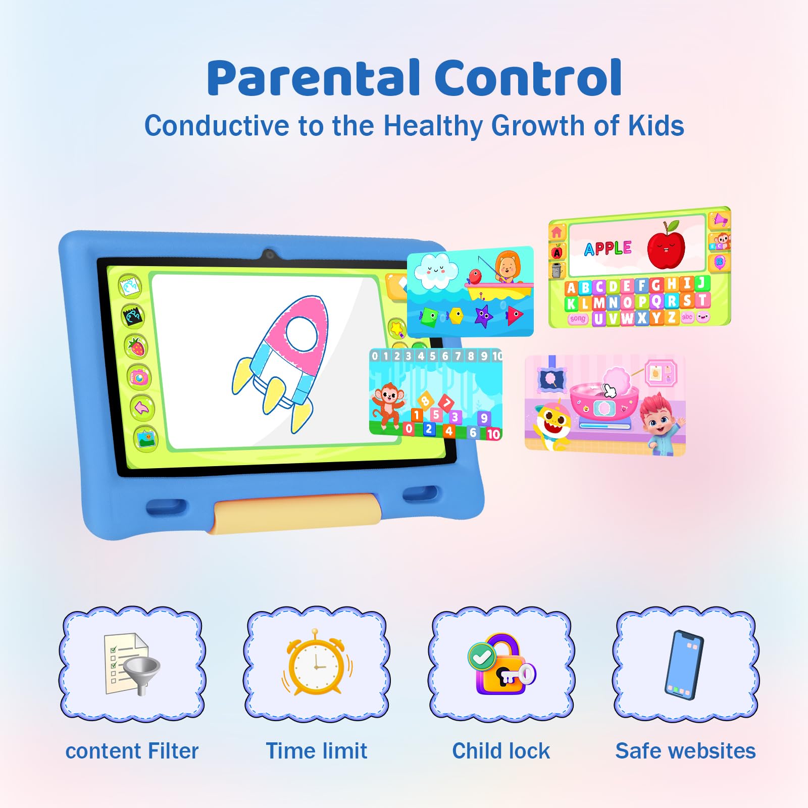 Gleeso Tablet Bambini | Android Tablet per Bambini 10 Pollici, Kids Tablet con Octa-Core | 128GB+1TB TF | Controllo Parentale | 8MP Fotocamera | WiFi 6/BT 5.3, Tablet con Custodia Protettiva - Blu - 5