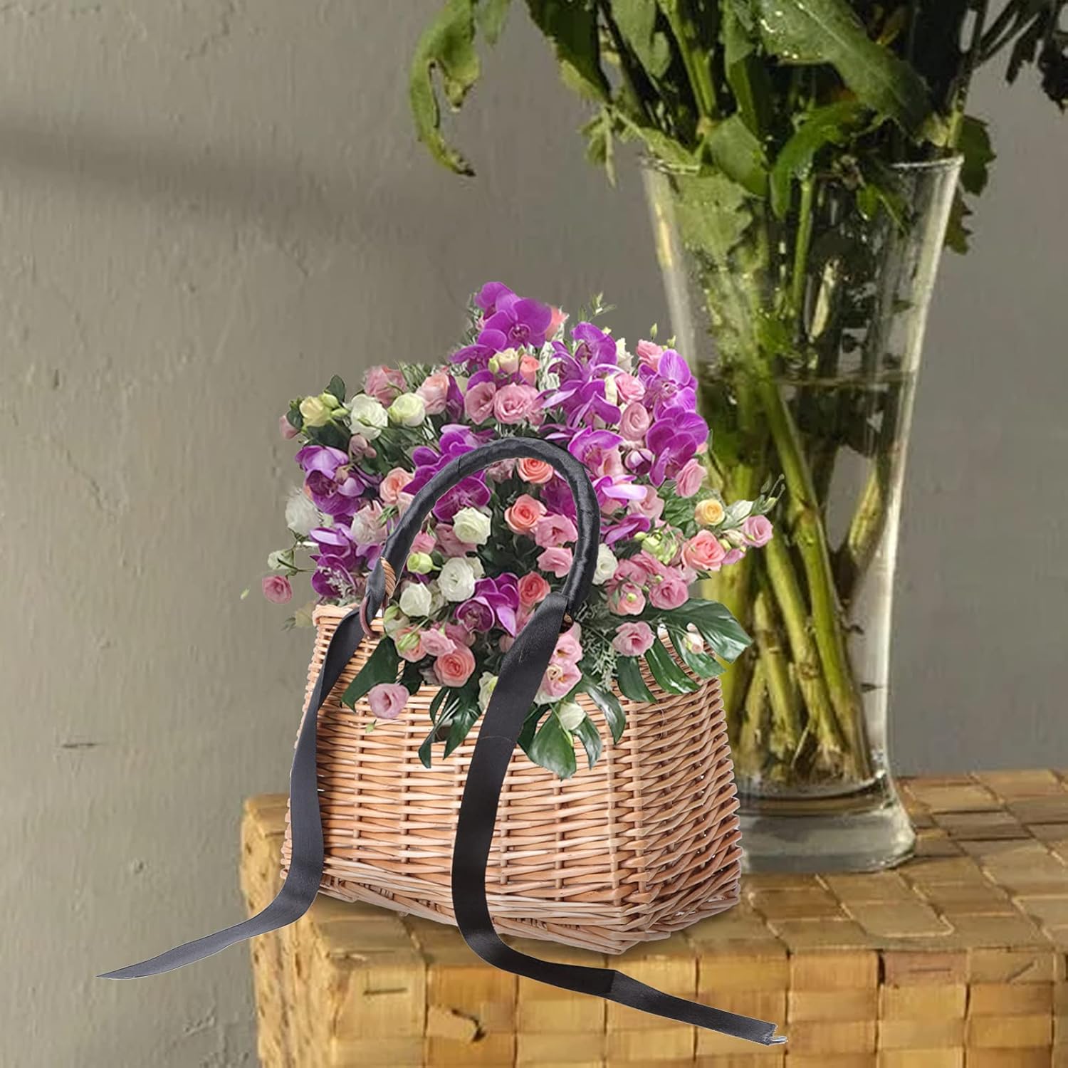 Cabilock Wicker Rattan Flower Girl Basket with Black Ribbon for Weddings,Boho Handbag with Waterproof Lining Tote with Handle for Garden Home Decor Outdoor Picnic