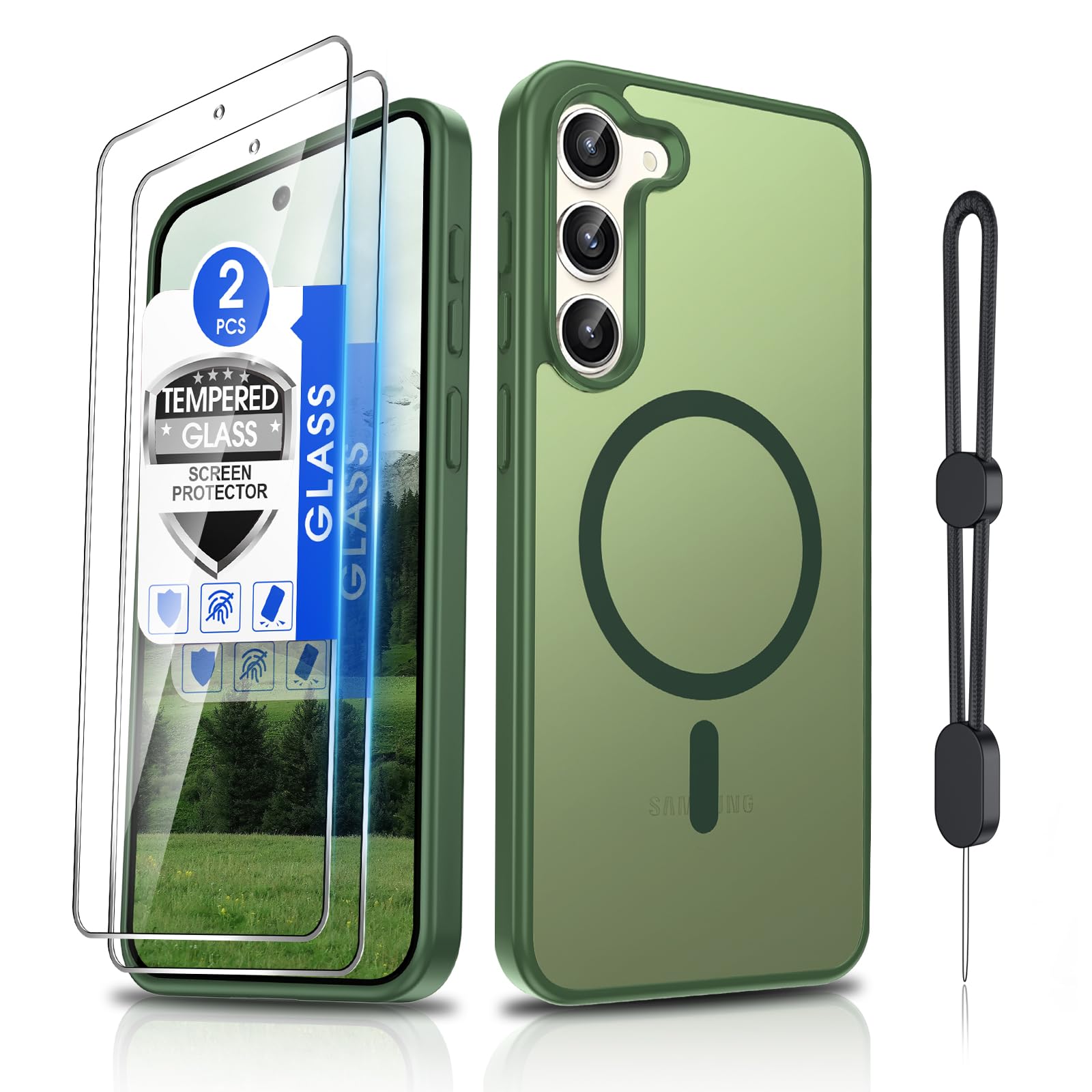 Dizn for Samsung Galaxy S23 Plus Matte Cover,[Not Fit S23],S23 Plus Phone Case with Tempered Glass Screen Protector, Compatible with MagSafe,with Strap,Military-Grade Protective for S23+ (6.6"),Green
