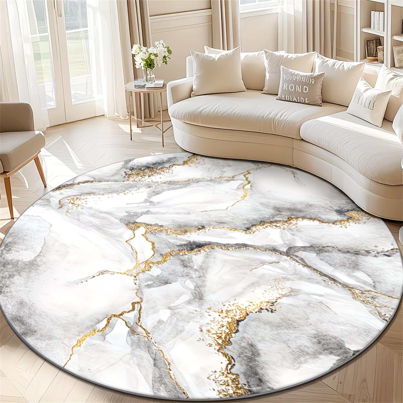 Marble Round Rug, 4ft Abstract Circular Art Decorative Rug, Exquisite Large-Area Indoor Rugs, Ivory White and Gray-Gold Carpet, Non-Slip and Washable for Living Room, Dining Room, Kitchen Decor