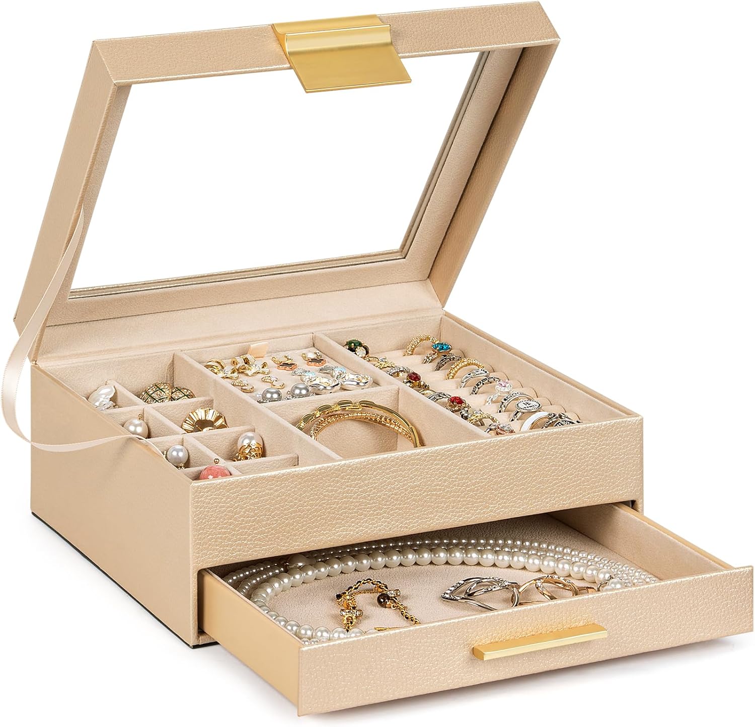 AKOZLIN 2-Tier Jewelry Box with Clear Glass Lid Functional Leather Jewelry Storage Organizer Case 1 Drawers for Women Girls Necklace Ring Bracelet Earring Champagne - Image 2