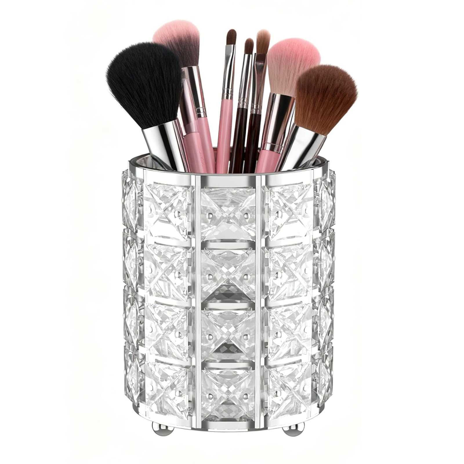 Photo 1 of LUGUNU Makeup Brush Holder with Silver Crystal Bling – Elegant Vanity Organizer for Brushes, Pens & Pencils, Ideal for Bathroom or Office Countertop(1Pack)