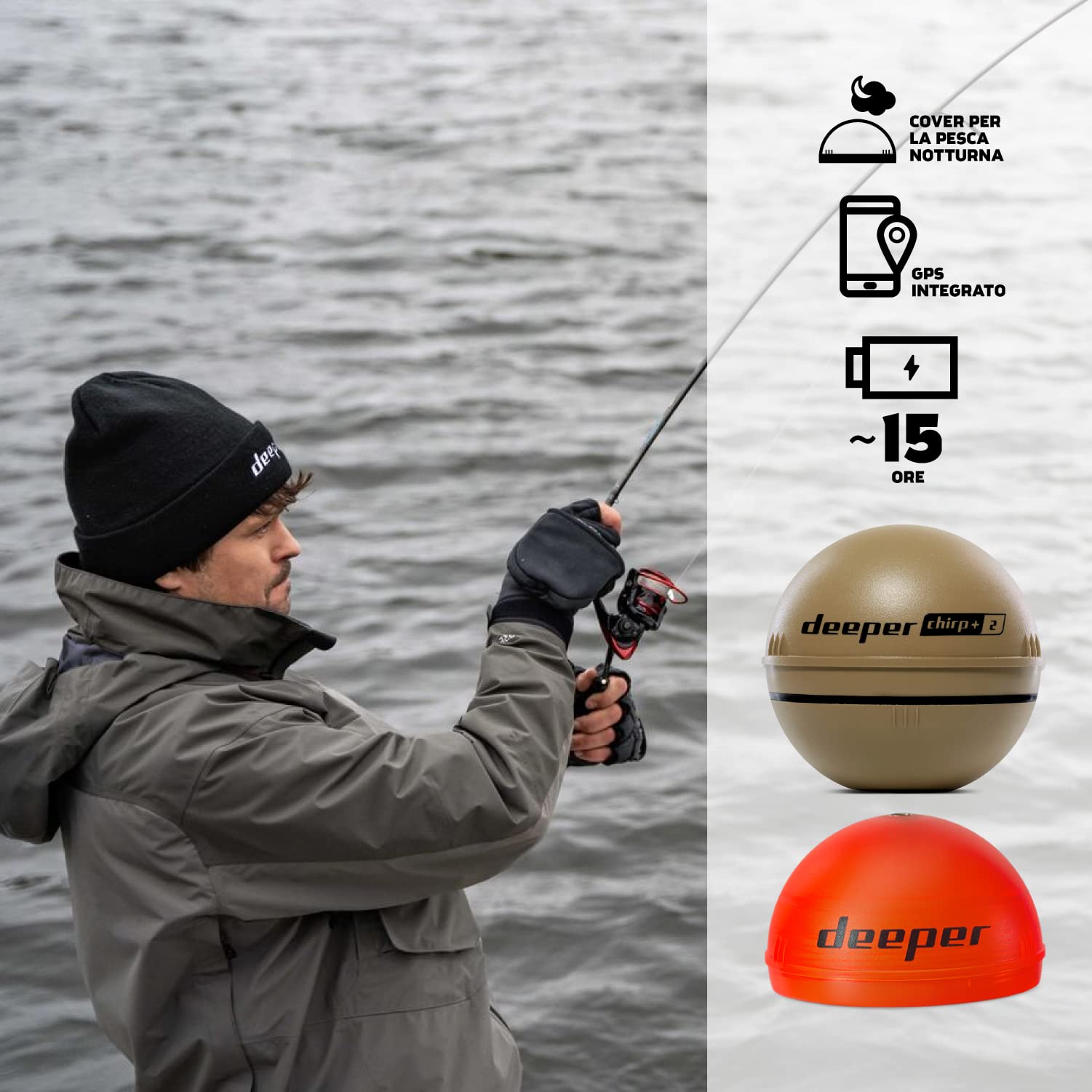 Deeper Chirp+ 2 Ecoscandaglio da pesca lanciabile e portatile, compatibile con GPS con autonomia prolungata e guscio da pesca notturno per pesca in kayak in barche dalla riva sul ghiaccio